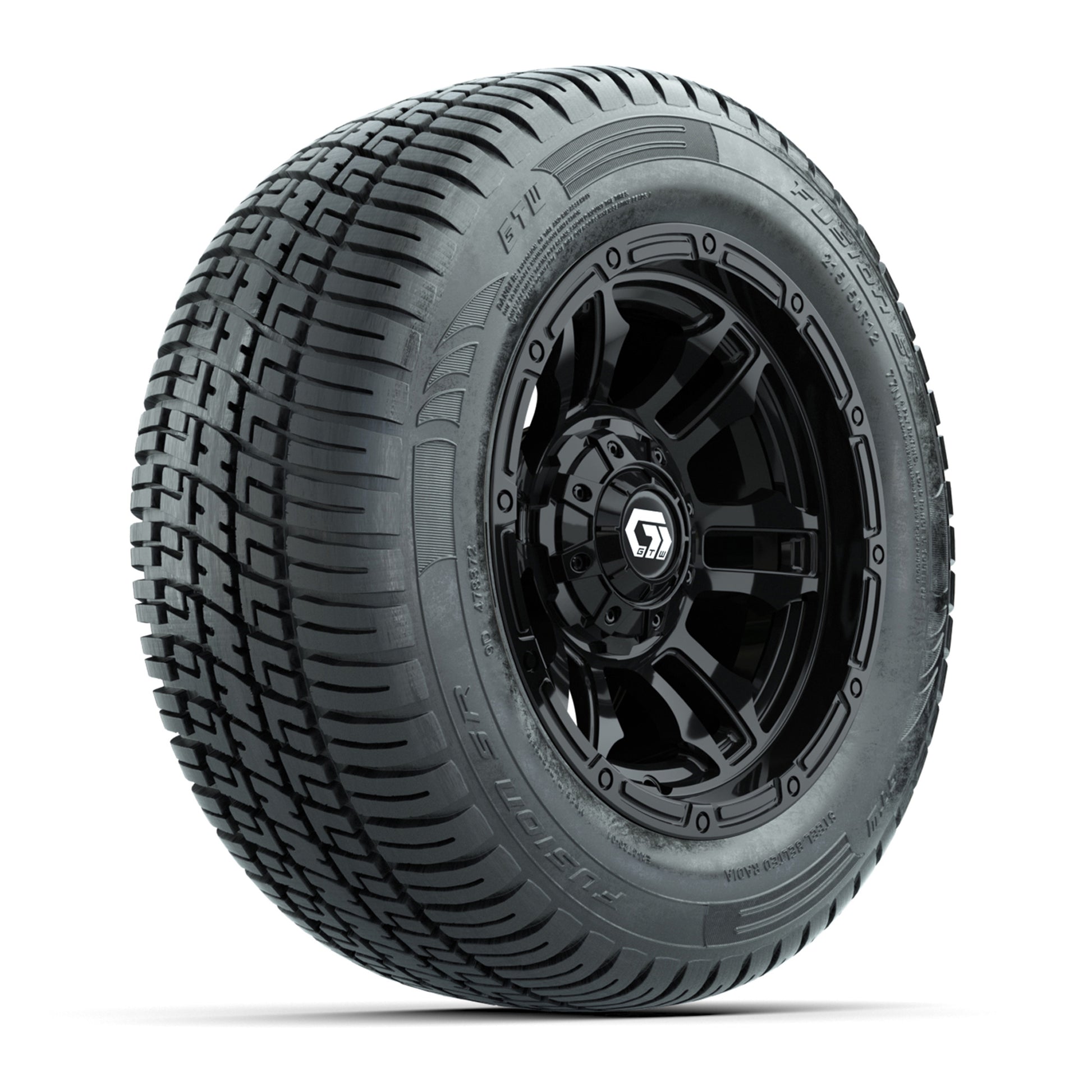 GTW® Shogun Gloss Black 12 in Wheels with 215/50-R12 Fusion S/R Steel Belt Radial Tires – Full Set