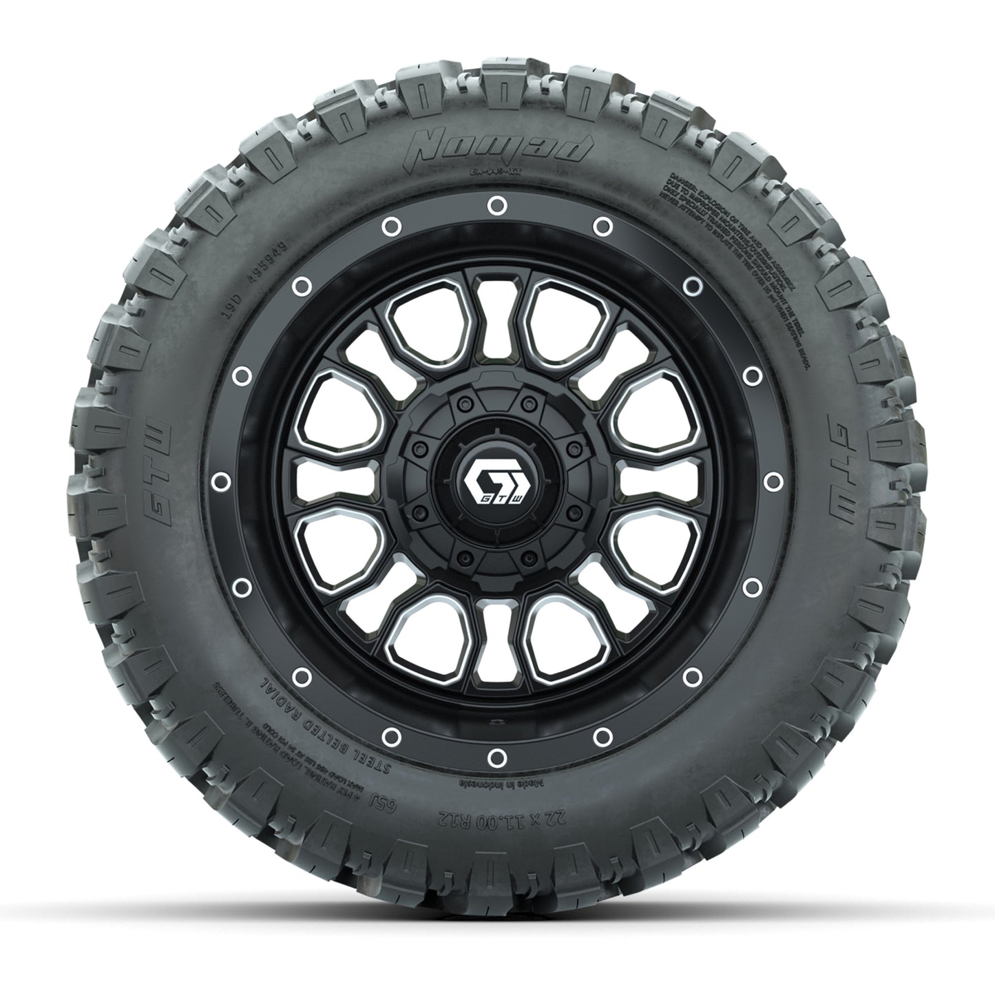 Set of (4) 12 in GTW® Volt Machined & Black Wheels with 22x11-R12 Nomad All-Terrain Tires