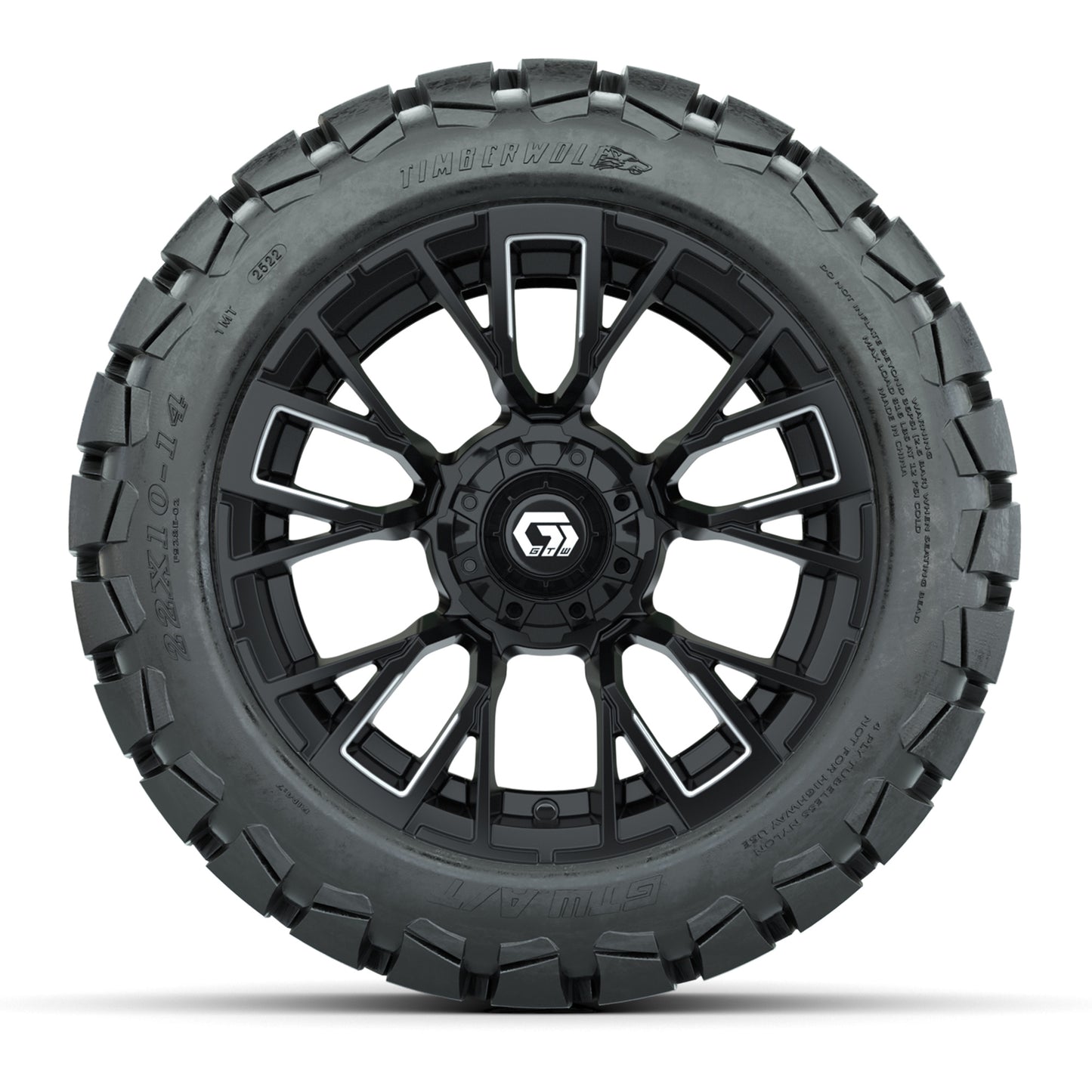 GTW® Vandal Matte Black/Machined 14 in Wheels with 22x10-14 Timberwolf All-Terrain Tires – Full Set