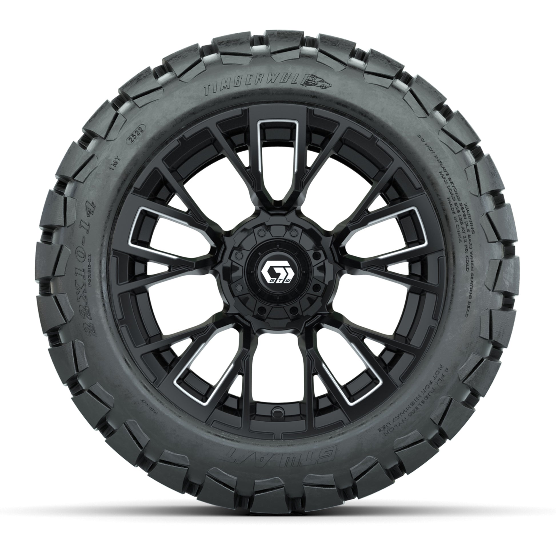 GTW® Vandal Matte Black/Machined 14 in Wheels with 22x10-14 Timberwolf All-Terrain Tires – Full Set