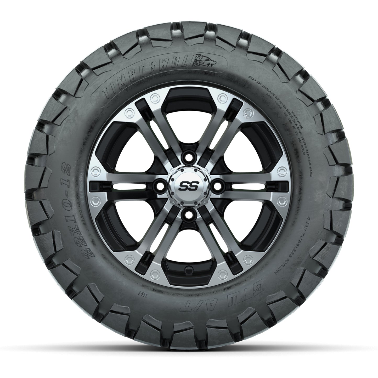 12 inch Specter Black/Machined Lifted Golf Cart Wheels on 22 inch Trail Tires-Set of 4