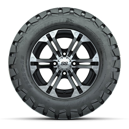 12 inch Specter Black/Machined Lifted Golf Cart Wheels on 22 inch Trail Tires-Set of 4