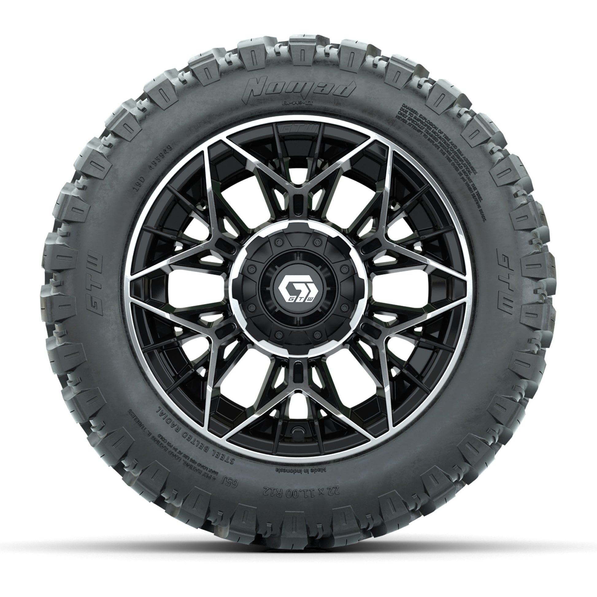 Set of (4) 12 in GTW® Stellar Machined & Black Wheels with 22x11-R12 Nomad All-Terrain Tires