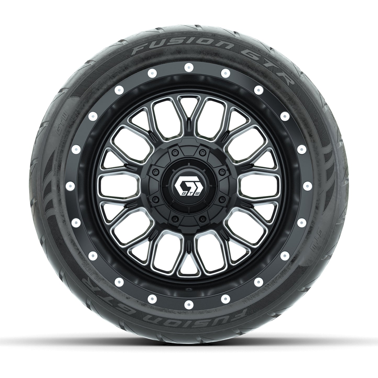GTW® Helix Black/Machined 12 in Wheels with 215/40-R12 Fusion GTR Steel Belt Radial Street Tires – Full Set