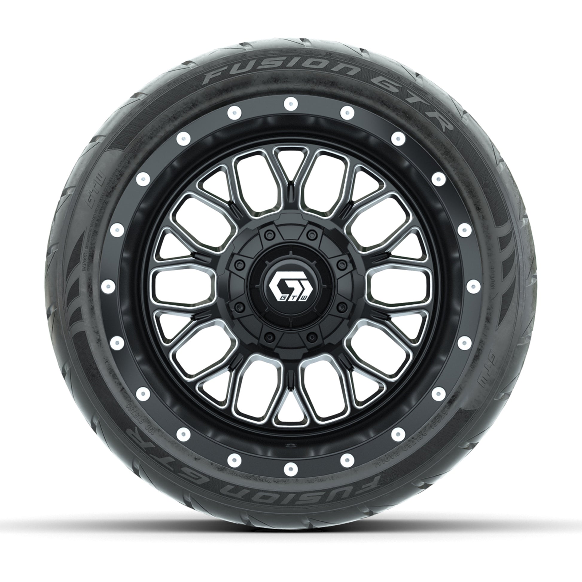 GTW® Helix Black/Machined 12 in Wheels with 215/40-R12 Fusion GTR Steel Belt Radial Street Tires – Full Set