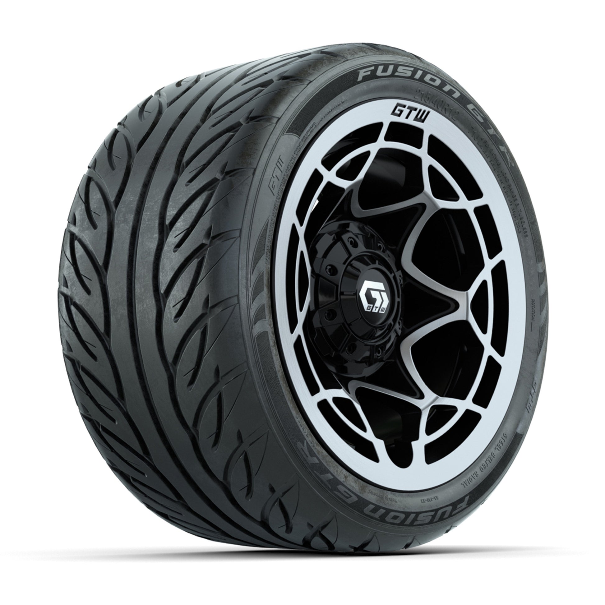 GTW® Nexus Black with Silver Face 12 in Wheels with 215/40-R12 Fusion GTR Steel Belt Radial Street Tires – Full Set