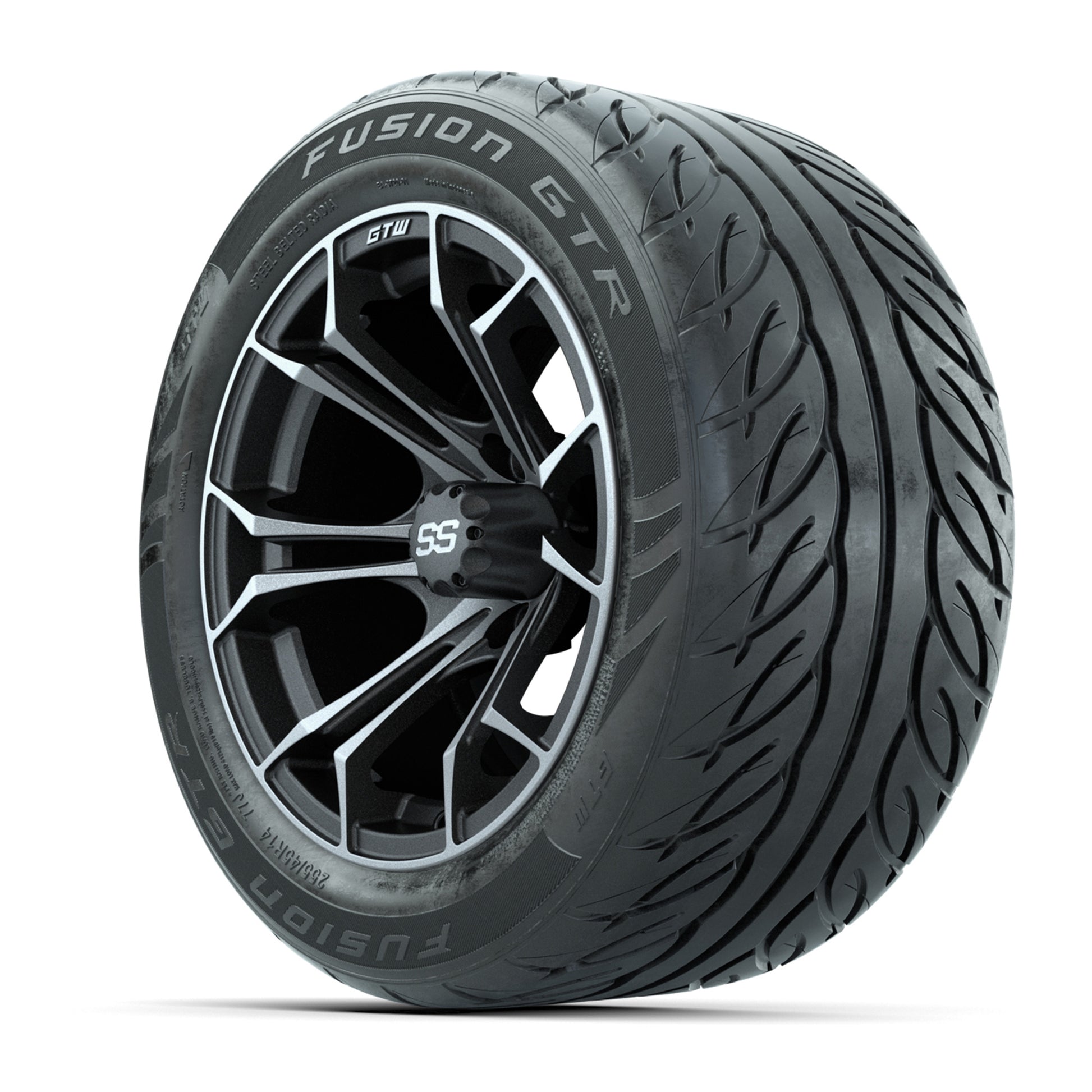 GTW® Spyder Matte Gray/Machined 14 in Wheels with 255/45-R14 Fusion GTR Steel Belt Radial Street Tires – Full Set