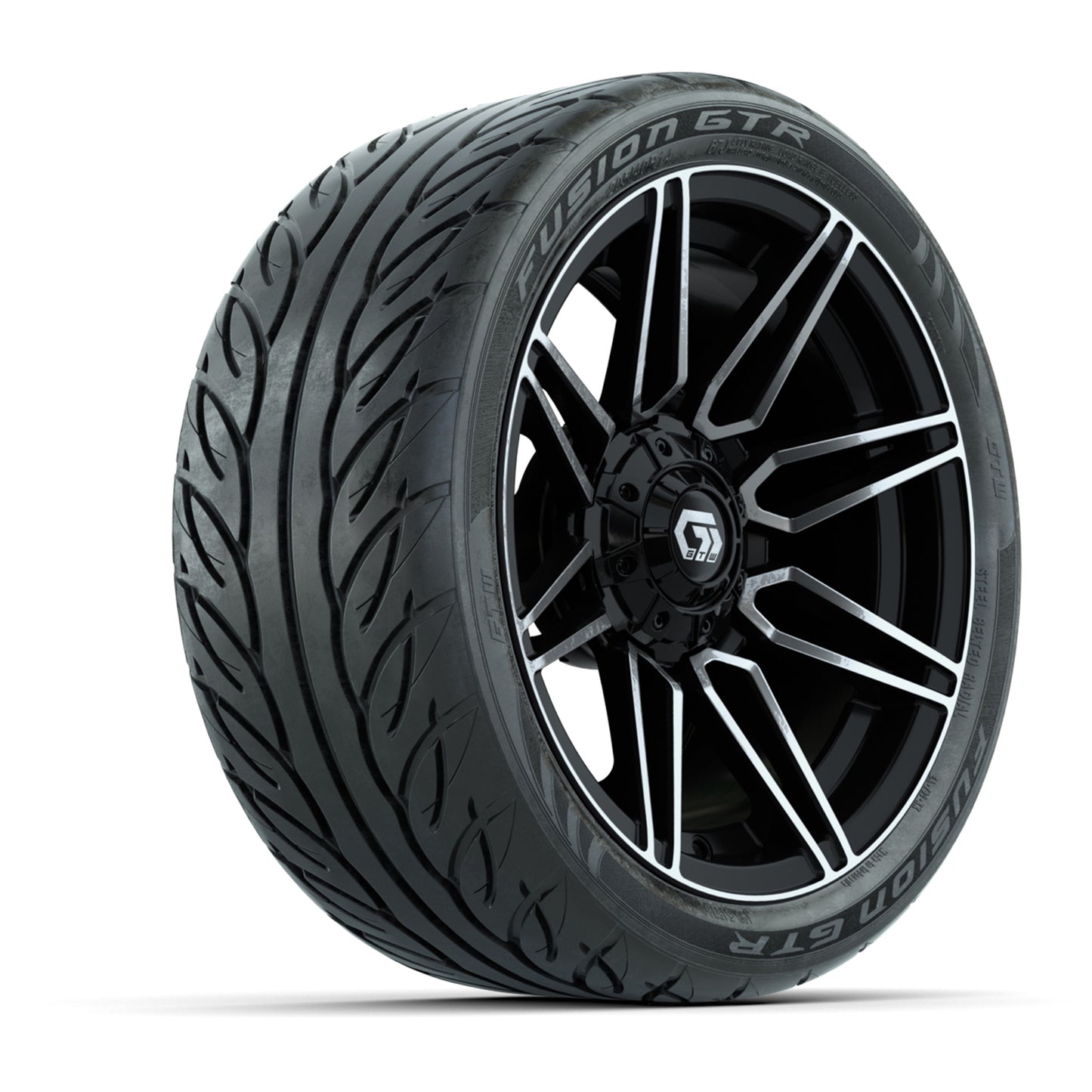 GTW® Stealth Gloss Black/Machined 14 in Wheels with 205/40-R14 Fusion GTR Steel Belted Street Tires – Full Set