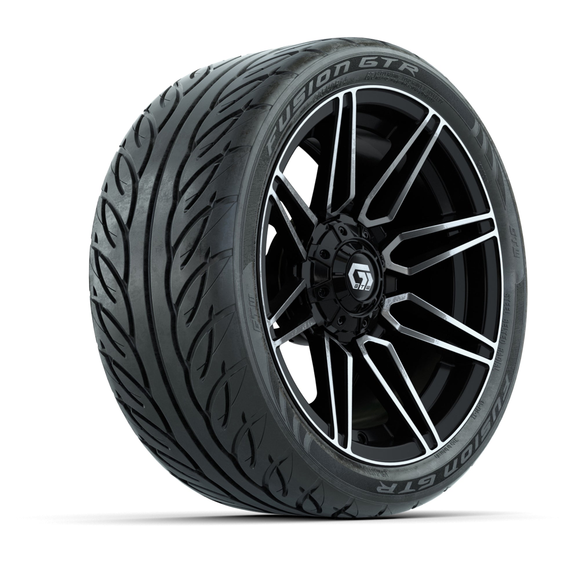GTW® Stealth Gloss Black/Machined 14 in Wheels with 205/40-R14 Fusion GTR Steel Belted Street Tires – Full Set