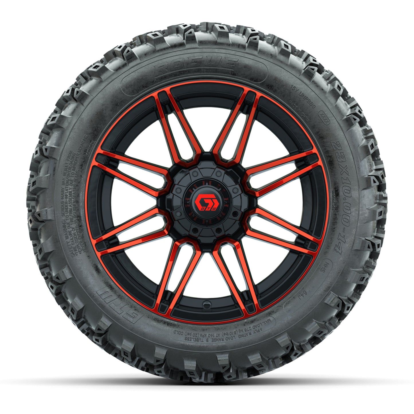 GTW® Stealth Red/Machined 14 in Wheels with 23X10-14 Rogue All-Terrain Tires – Full Set