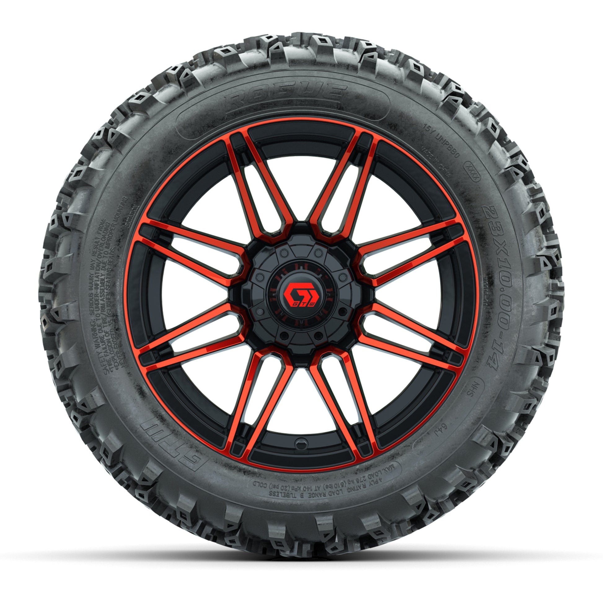 GTW® Stealth Red/Machined 14 in Wheels with 23X10-14 Rogue All-Terrain Tires – Full Set