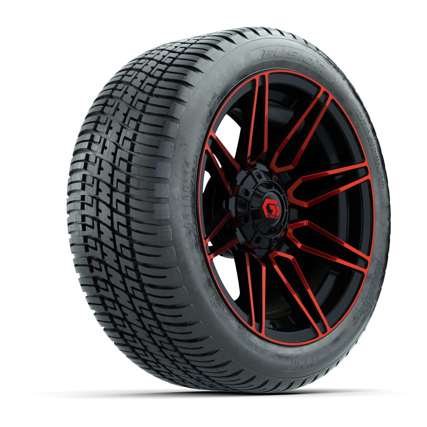 GTW® Stealth Gloss Black/Red 14 in Wheels with 205/30-14 Fusion Street Tires – Full Set