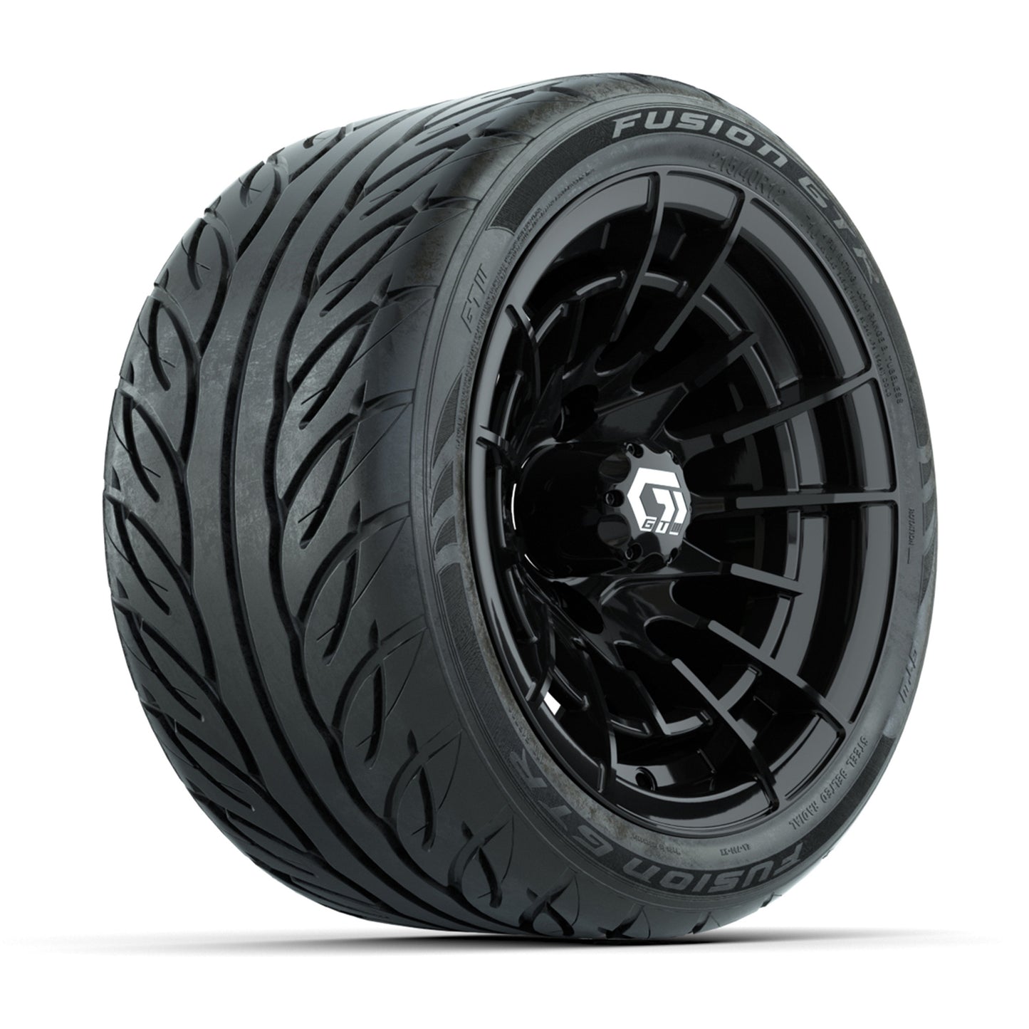 GTW® Boost Gloss Black 12 in Wheels with 215/40-R12 Fusion GTR Steel Belt Radial Street Tires – Full Set