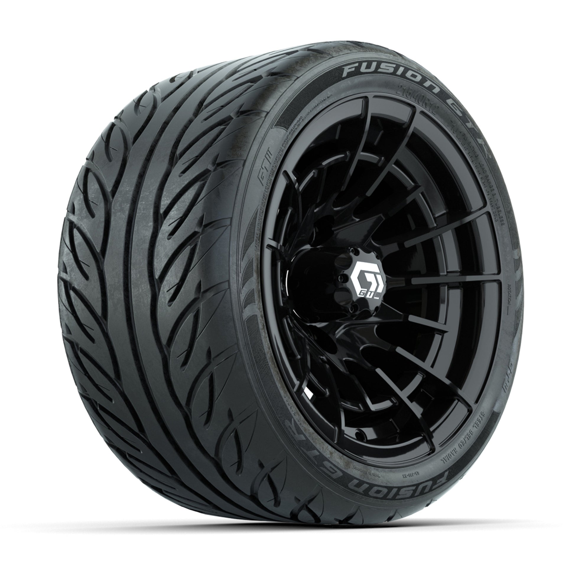 GTW® Boost Gloss Black 12 in Wheels with 215/40-R12 Fusion GTR Steel Belt Radial Street Tires – Full Set