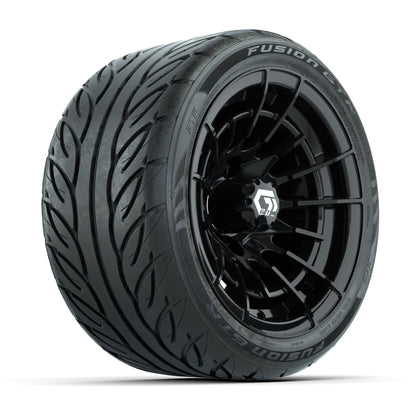 GTW® Boost Gloss Black 12 in Wheels with 215/40-R12 Fusion GTR Steel Belt Radial Street Tires – Full Set