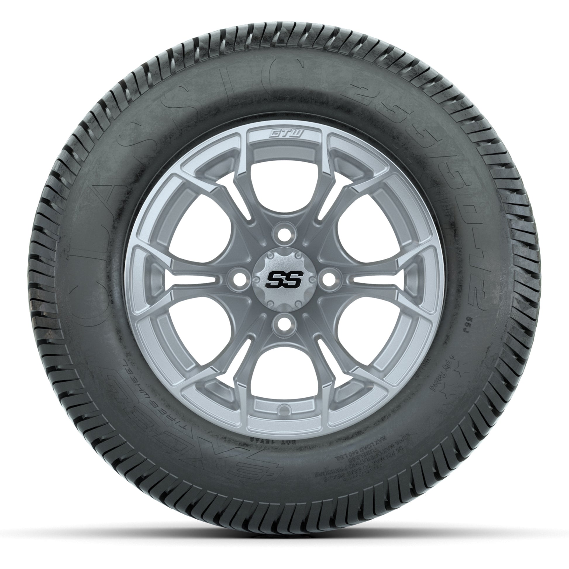 GTW® Spyder Silver Brush 12 in Wheels with 255/50-12 Excel Classic Street Tires – Full Set
