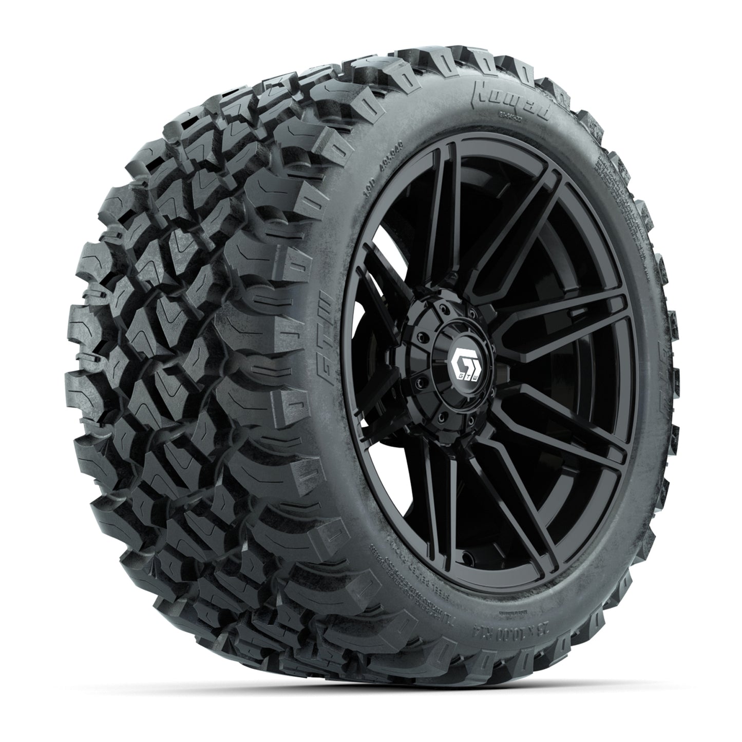 GTW® Stealth Black/Machined 14 in Wheels with 23X10-R14 Nomad Steel Belt Radial All-Terrain Tires – Full Set