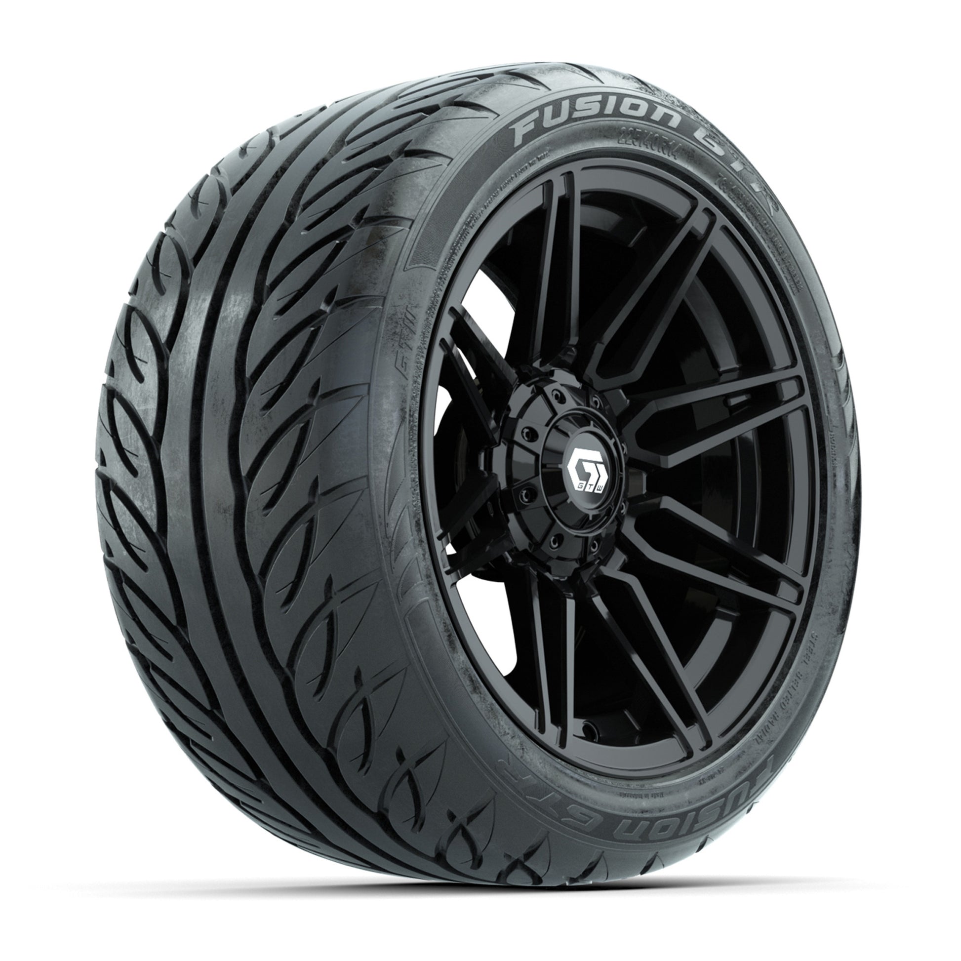 GTW® Stealth Gloss Black 14 in Wheels with 225/40-R14 Fusion GTR Steel Belt Radial Street Tires – Full Set