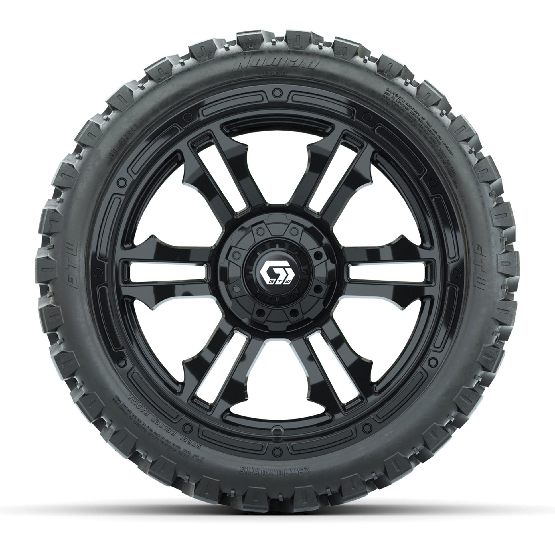 GTW® Shogun Gloss Black 15 in Wheels with 23x10-R15 Nomad Steel Belted Radial All-Terrain Tires – Full Set