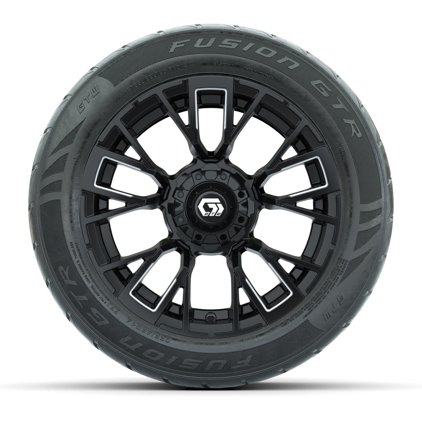 GTW® Vandal Matte Black/Machined 14 in Wheels with 255/45-R14 Fusion GTR Steel Belt Radial Street Tires – Full Set