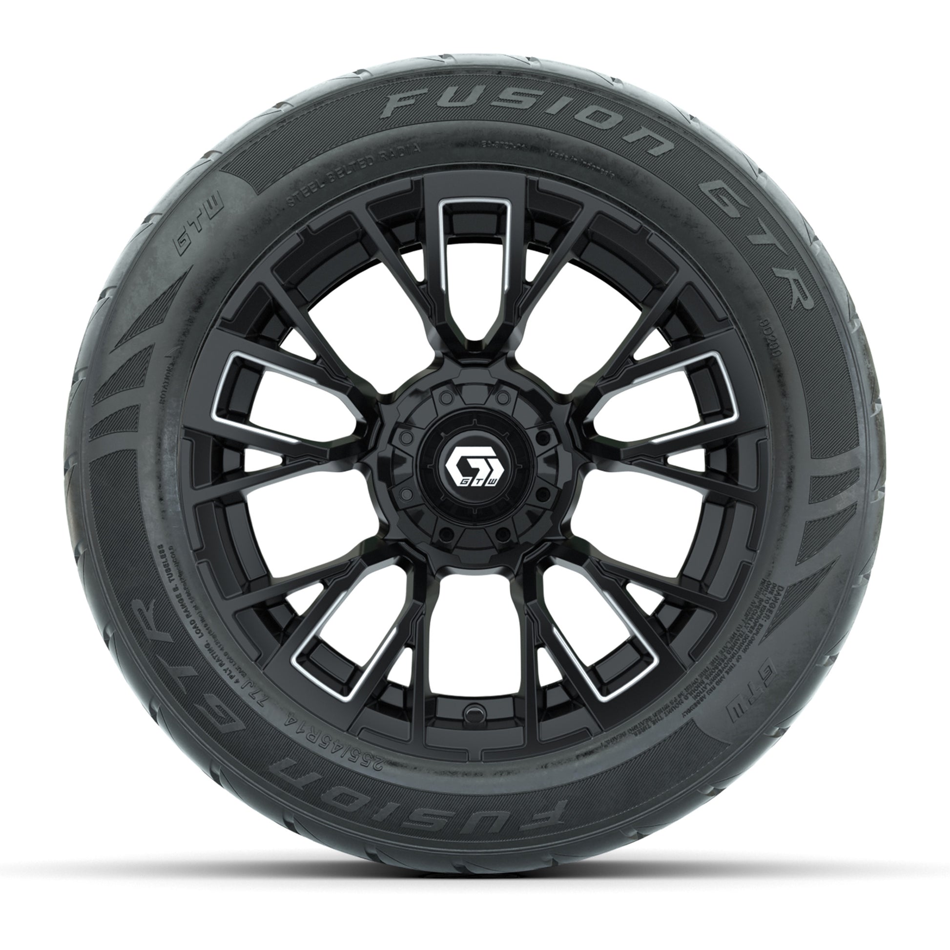GTW® Vandal Matte Black/Machined 14 in Wheels with 255/45-R14 Fusion GTR Steel Belt Radial Street Tires – Full Set