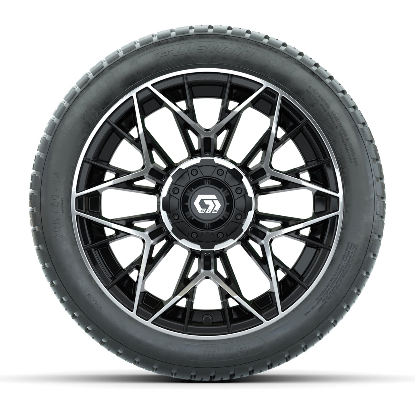 GTW® Stellar Black/Machined 14 in Wheels with 205/30-R14 Fusion Street Tires – Full Set