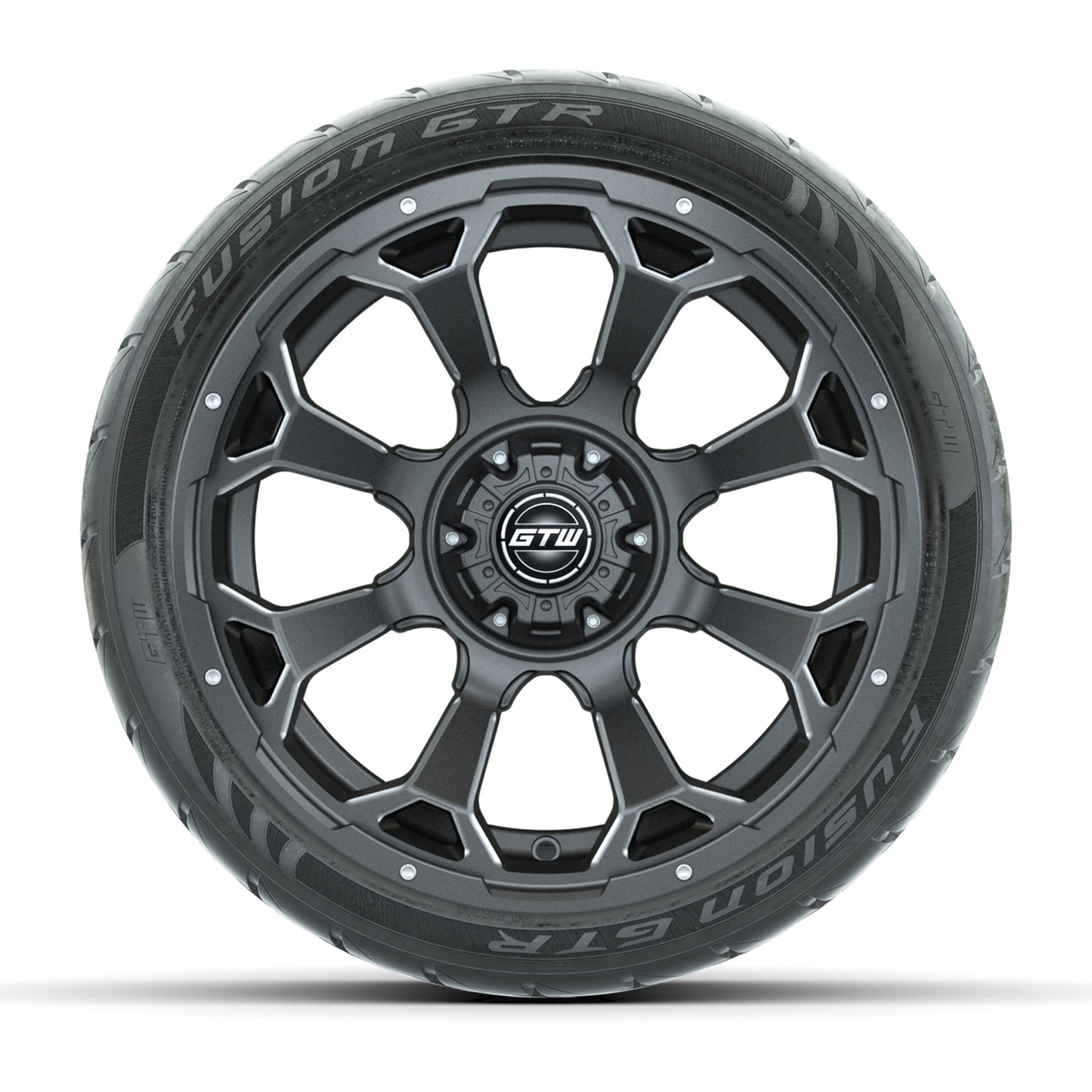 GTW® Raven Matte Gray/Ball Milled 14 in Wheels with 205/40-R14 Fusion GTR Steel Belt Radial Street Tires – Full Set