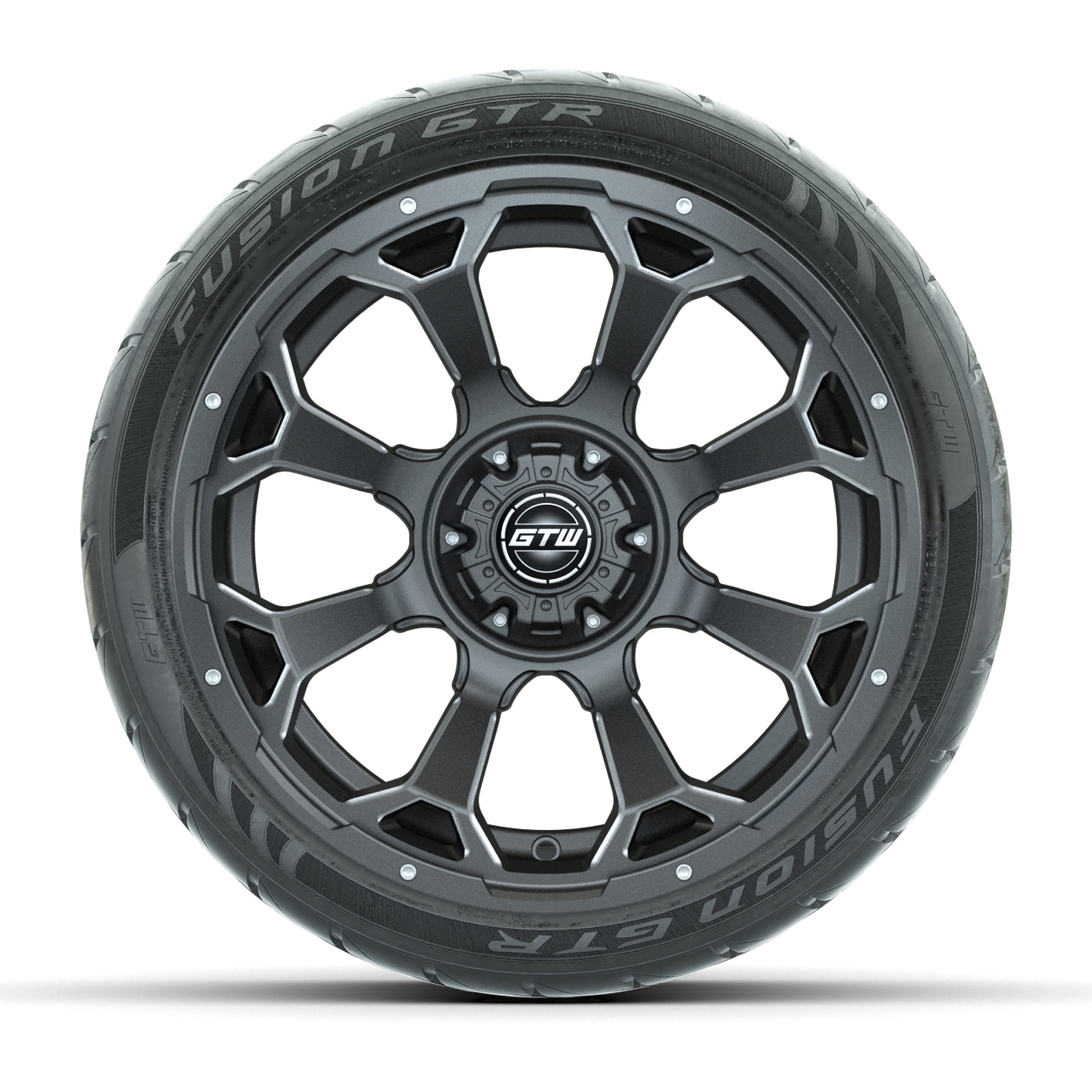 GTW® Raven Matte Gray/Ball Milled 14 in Wheels with 205/40-R14 Fusion GTR Steel Belt Radial Street Tires – Full Set