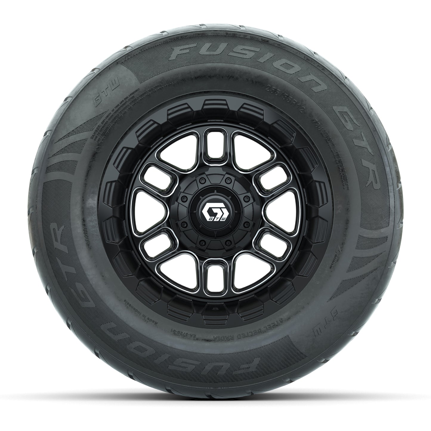 GTW® Titan Black/Machined 12 in Wheels with 255/55-R12 Fusion GTR Steel Belt Radial Street Tires – Full Set