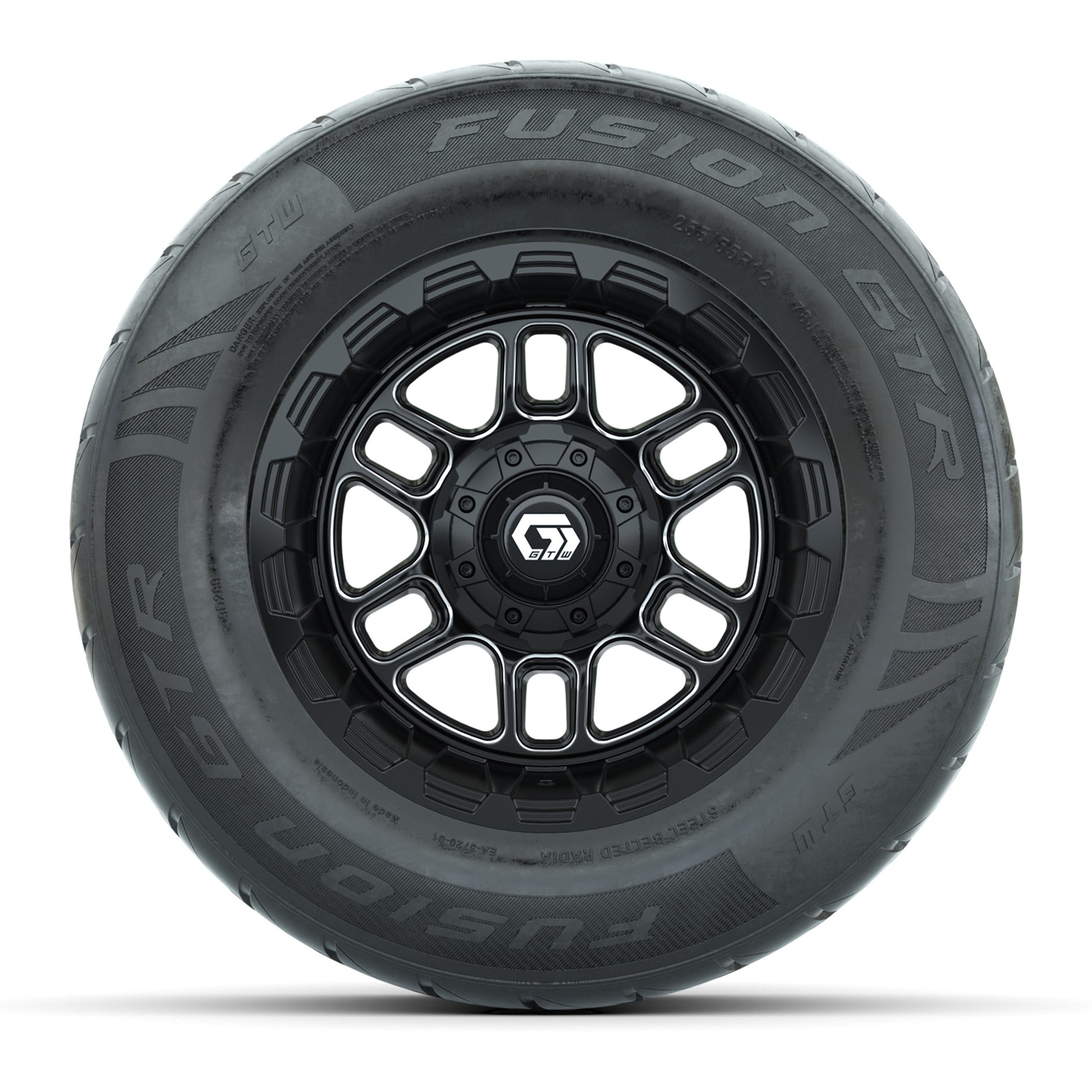 GTW® Titan Black/Machined 12 in Wheels with 255/55-R12 Fusion GTR Steel Belt Radial Street Tires – Full Set