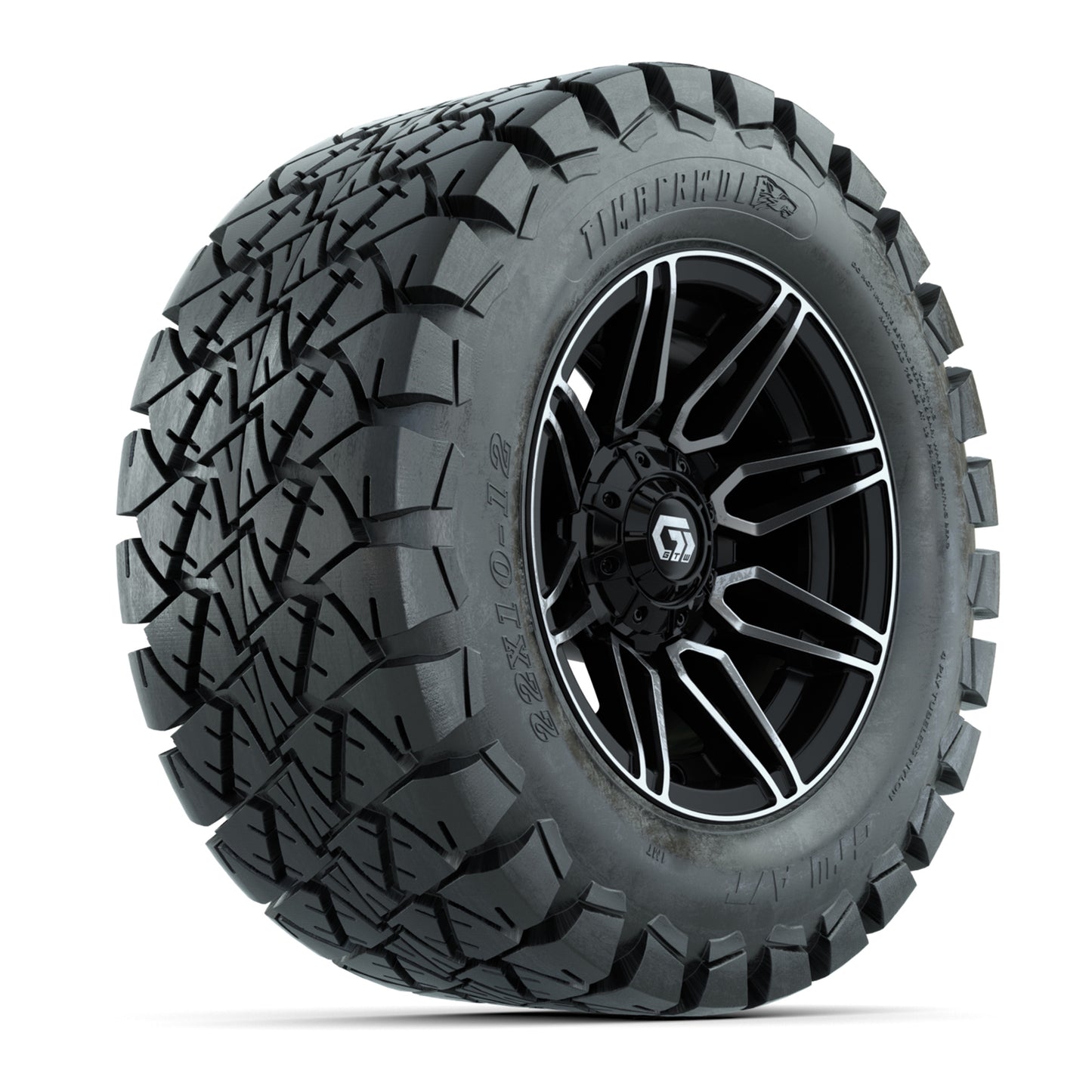 GTW® Stealth Black/Machined 12 in Wheels with 22x10-12 Timberwolf All-Terrain Tires – Full Set