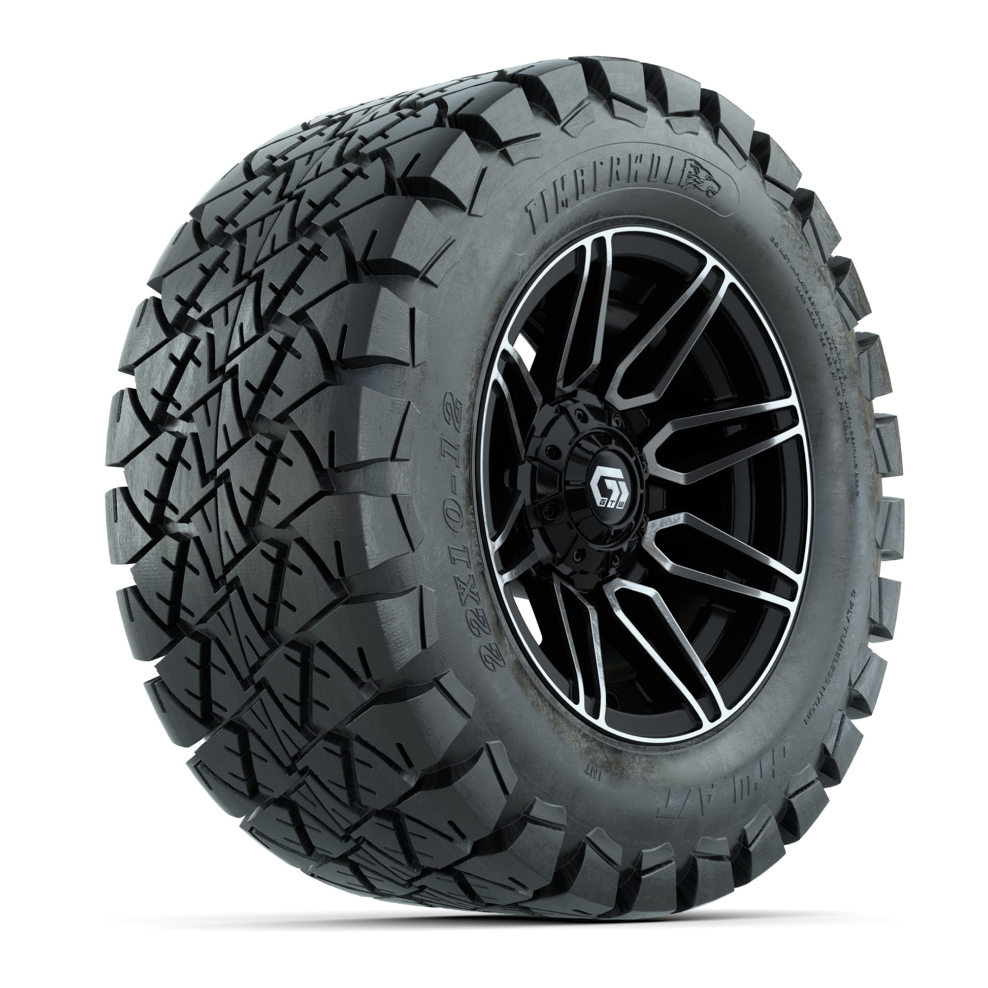 GTW® Stealth Black/Machined 12 in Wheels with 22x10-12 Timberwolf All-Terrain Tires – Full Set