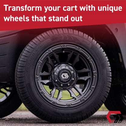 GTW® Shogun Gloss Black 12 in Wheels with 205/30-12 Fusion Street Tires – Full Set