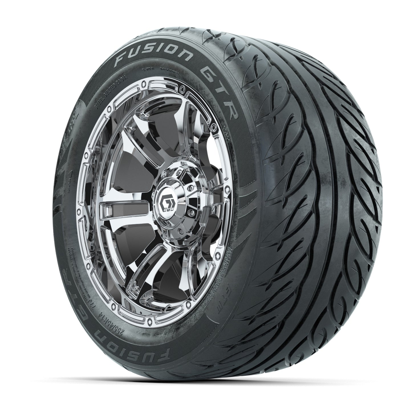 GTW® Shogun Chrome 14 in Wheels with 255/45-R14 Fusion GTR Steel Belt Radial Street Tires – Full Set