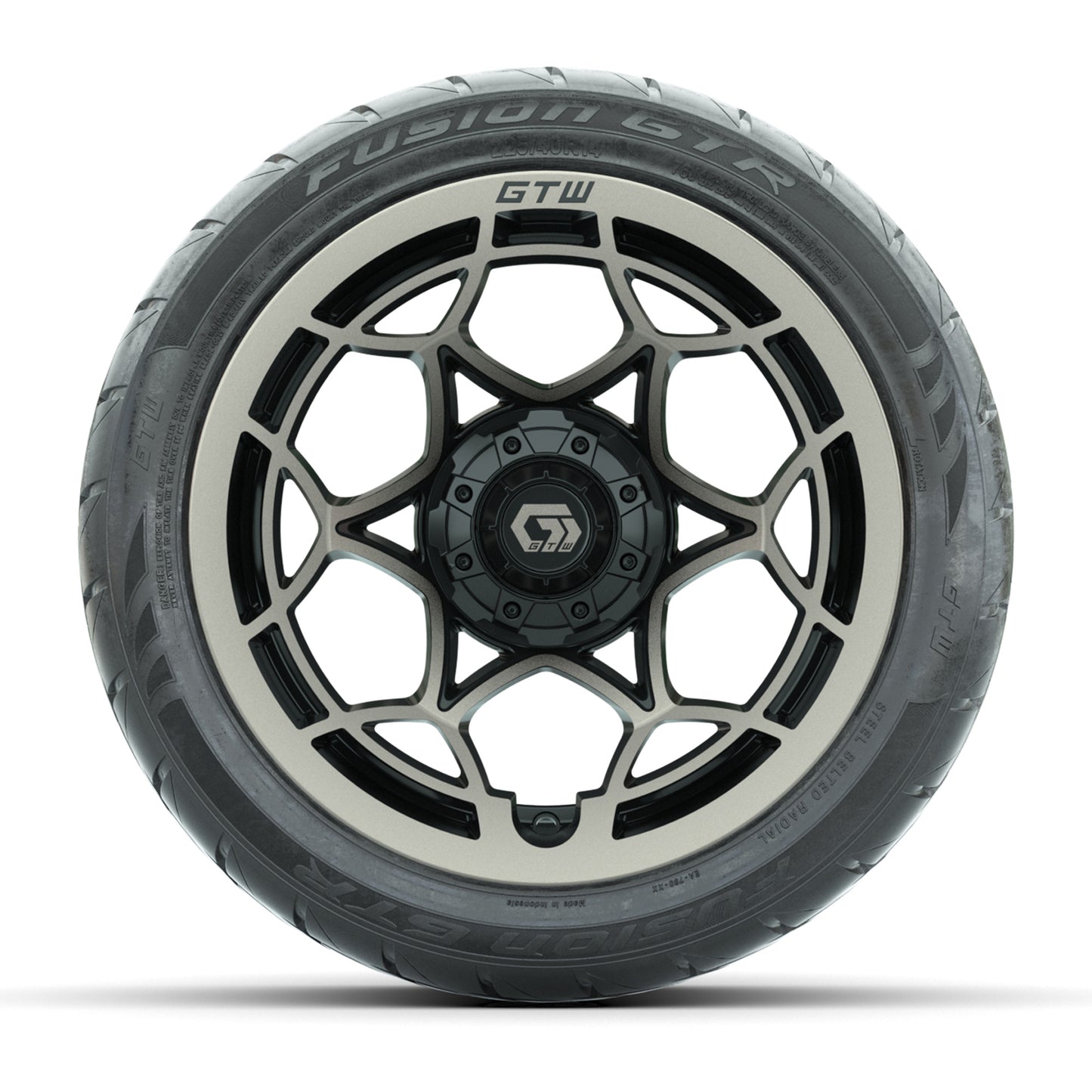 GTW® Nexus Black with Bronze Face 14 in Wheels with 225/40-R14 Fusion GTR Steel Belt Radial Street Tires – Full Set