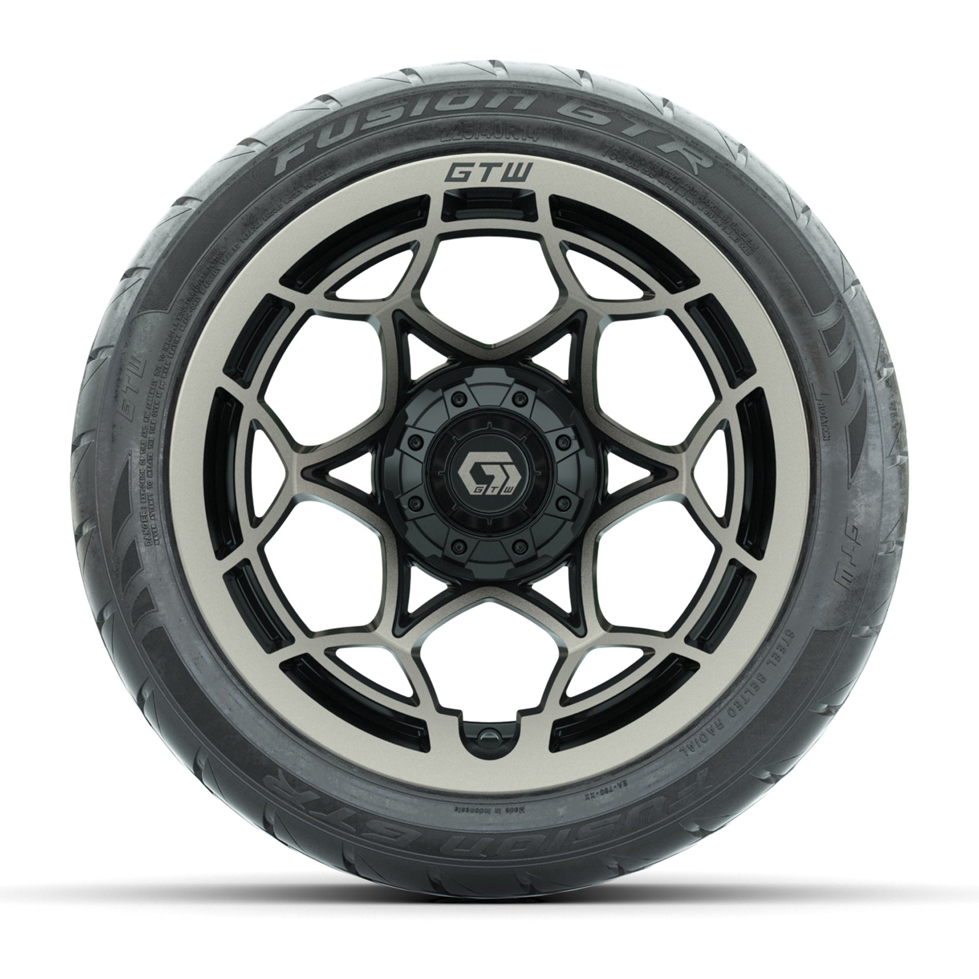 GTW® Nexus Black with Bronze Face 14 in Wheels with 225/40-R14 Fusion GTR Steel Belt Radial Street Tires – Full Set