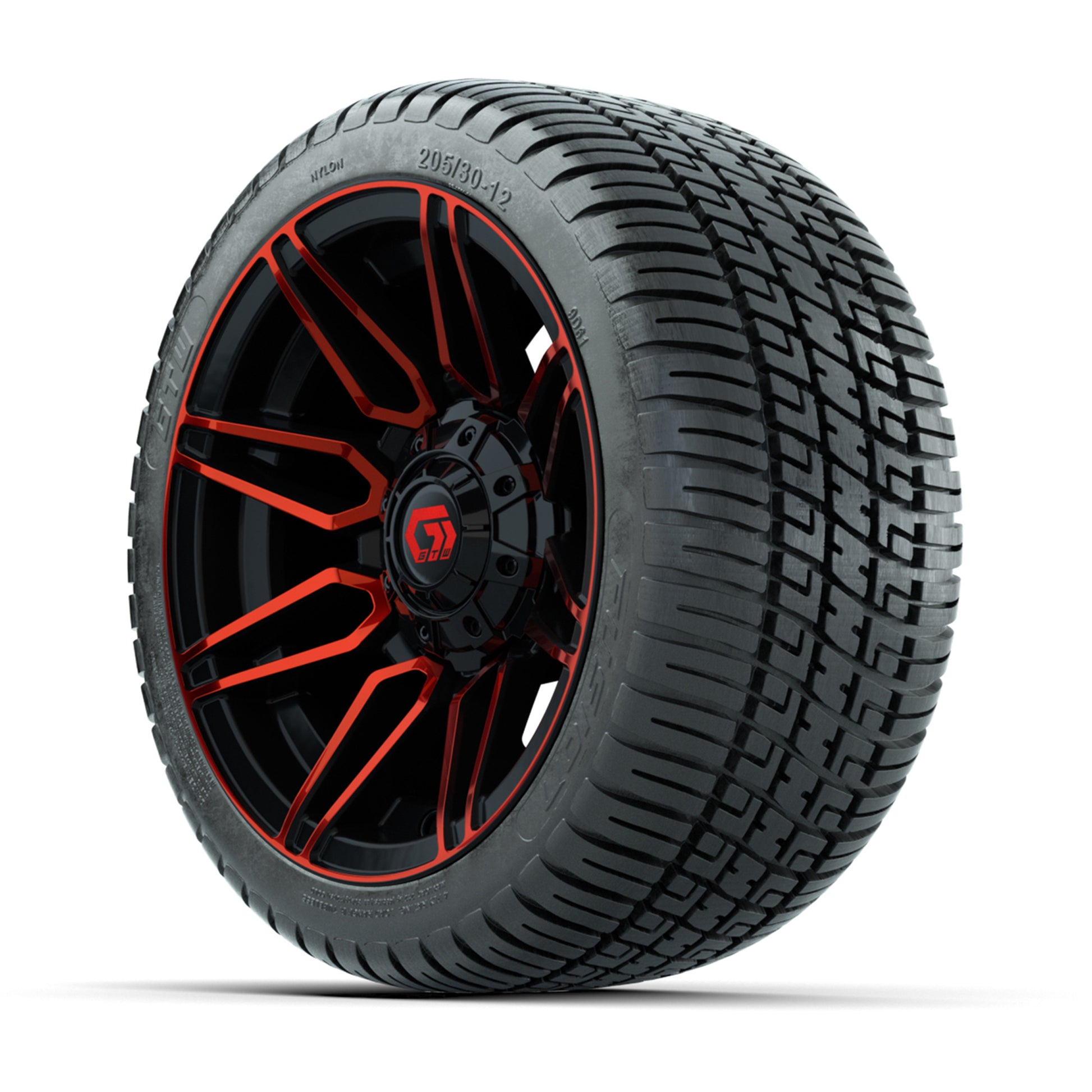 GTW® Stealth Red/Machined 12 in Wheels with 205/30-12 Fusion Street Tires – Full Set
