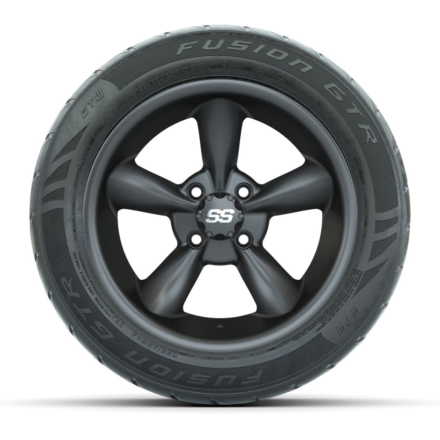 GTW® Godfather Matte Gray 14 in Wheels with 255/45-R14 Fusion GTR Steel Belt Radial Street Tires – Full Set