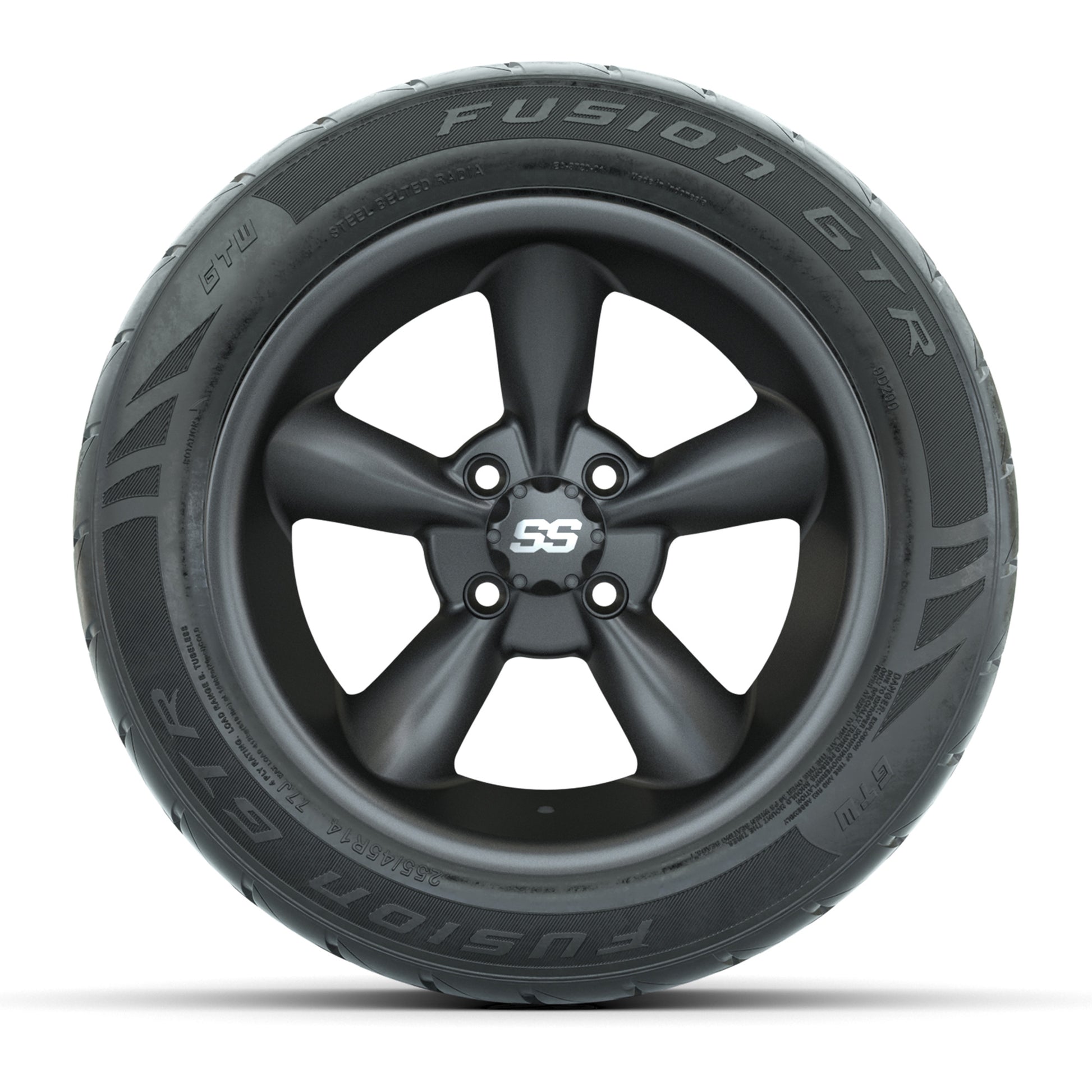 GTW® Godfather Matte Gray 14 in Wheels with 255/45-R14 Fusion GTR Steel Belt Radial Street Tires – Full Set
