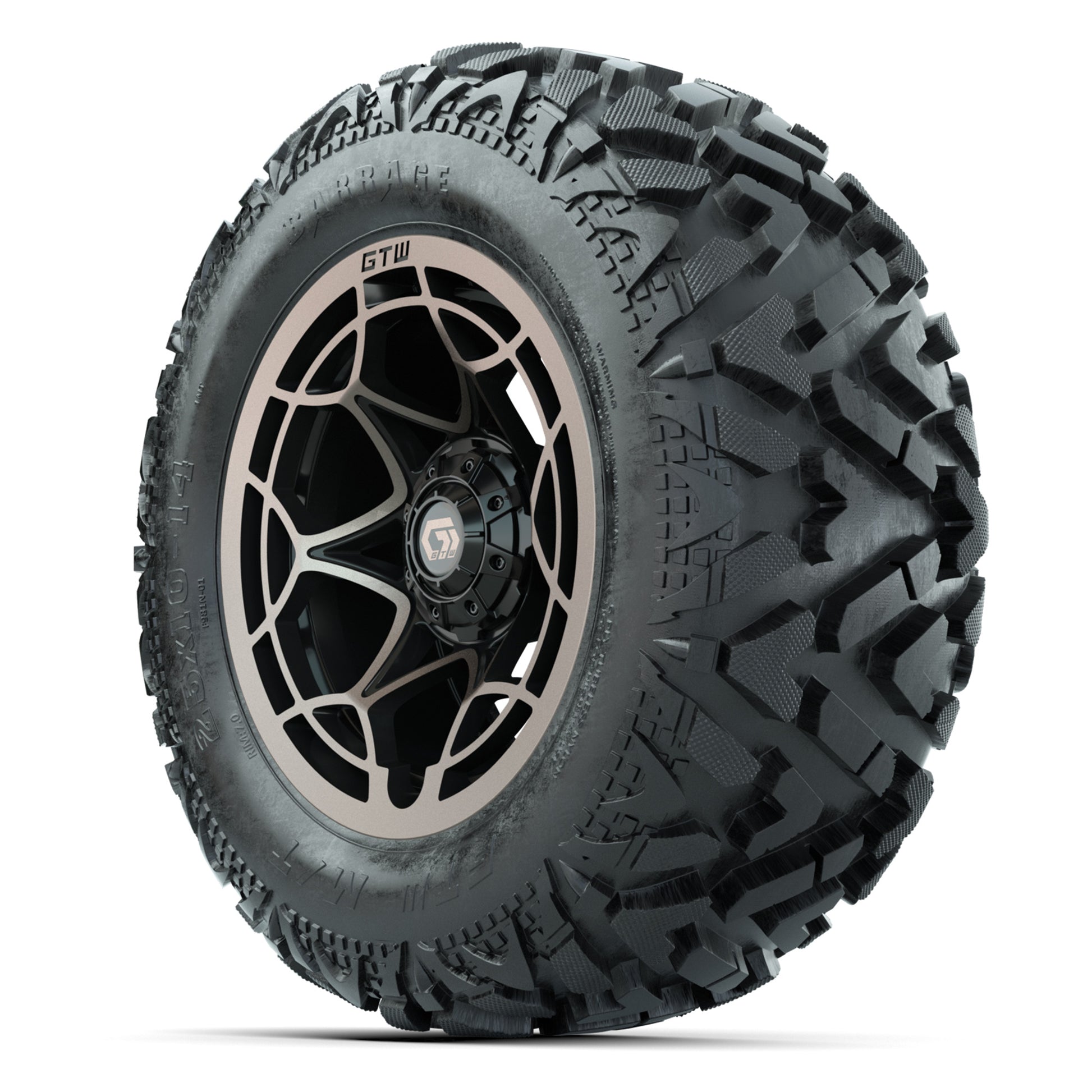 GTW Nexus Black/Bronze 14 in Wheels with 25x10-14 Barrage Mud Tires – Full Set