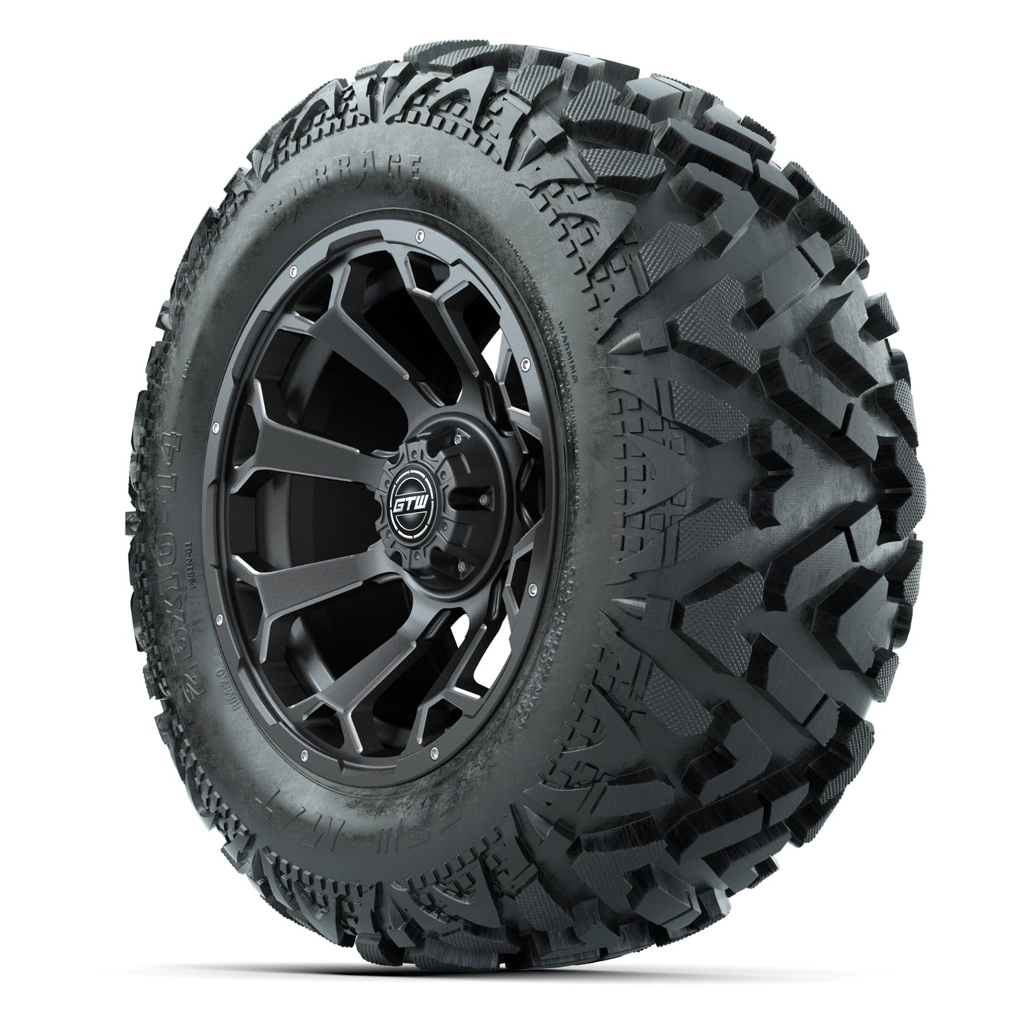 GTW Raven Matte Gray/Ball Mill 14 in Wheels with 25x10-14 Barrage Mud Tires – Full Set