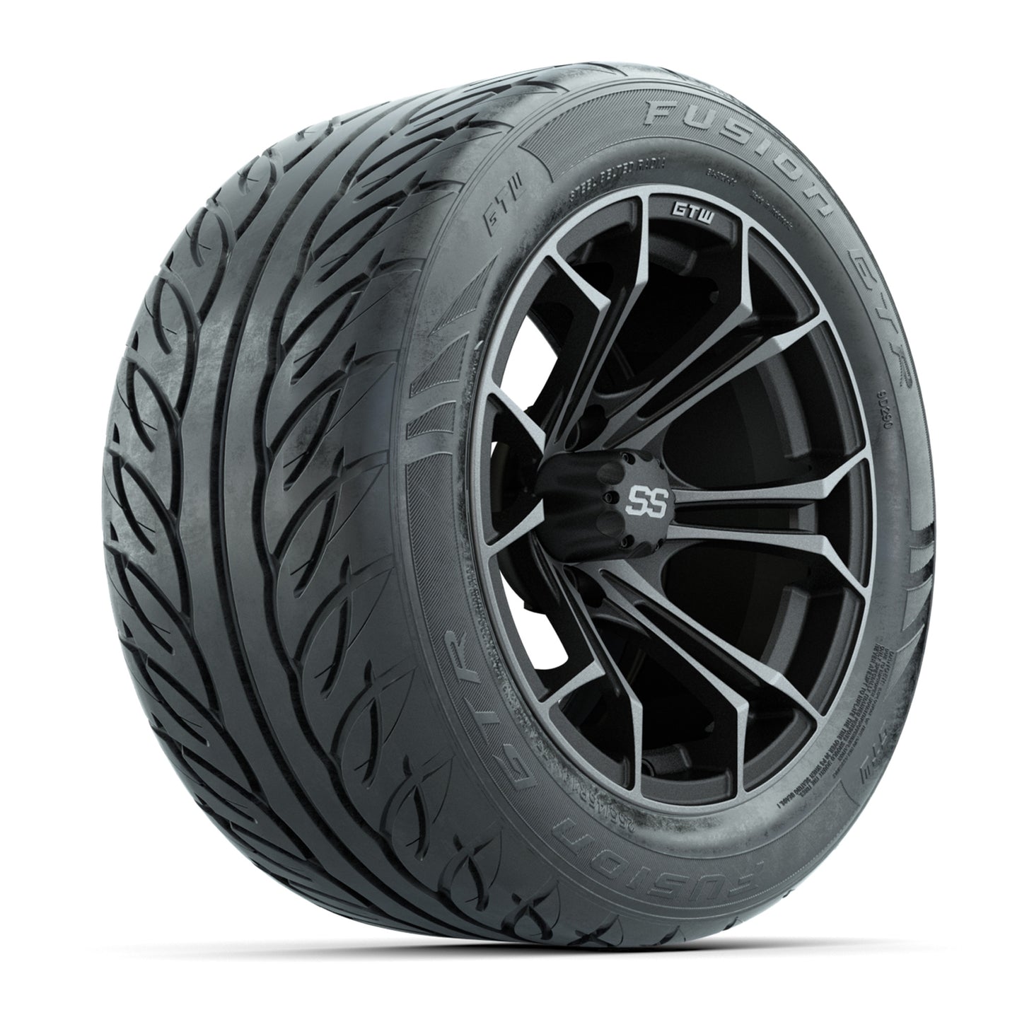 GTW® Spyder Matte Gray/Machined 14 in Wheels with 255/45-R14 Fusion GTR Steel Belt Radial Street Tires – Full Set