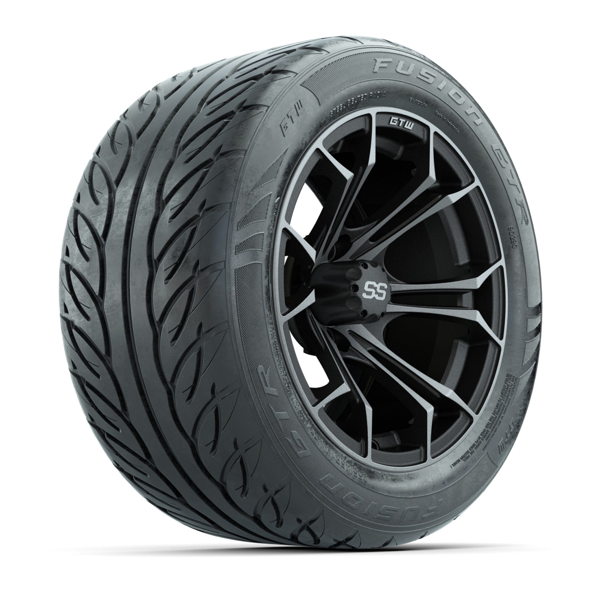 GTW® Spyder Matte Gray/Machined 14 in Wheels with 255/45-R14 Fusion GTR Steel Belt Radial Street Tires – Full Set