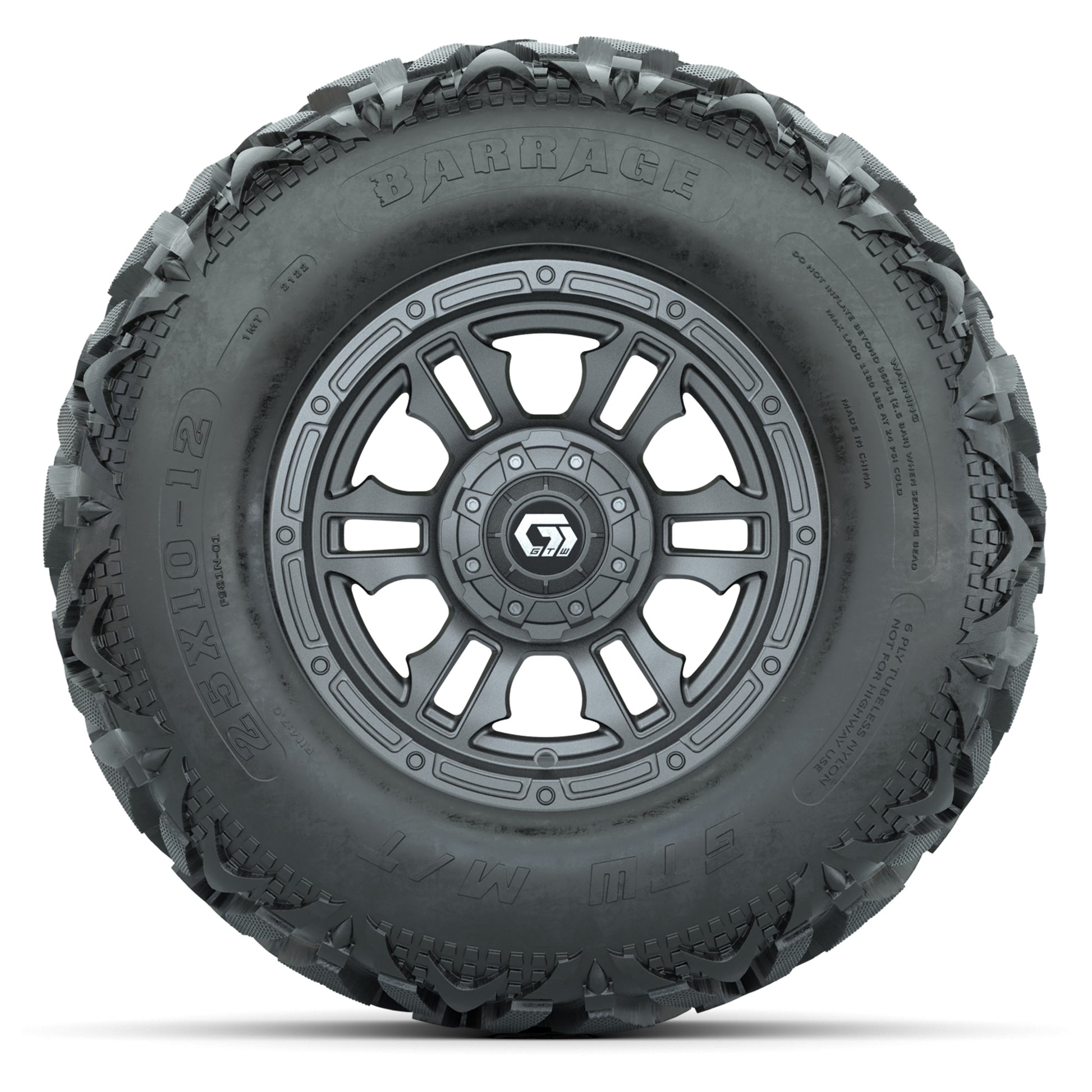 GTW® Shogun Gunmetal 12 in Wheels with 25X10-12 Barrage Mud Tires – Full Set