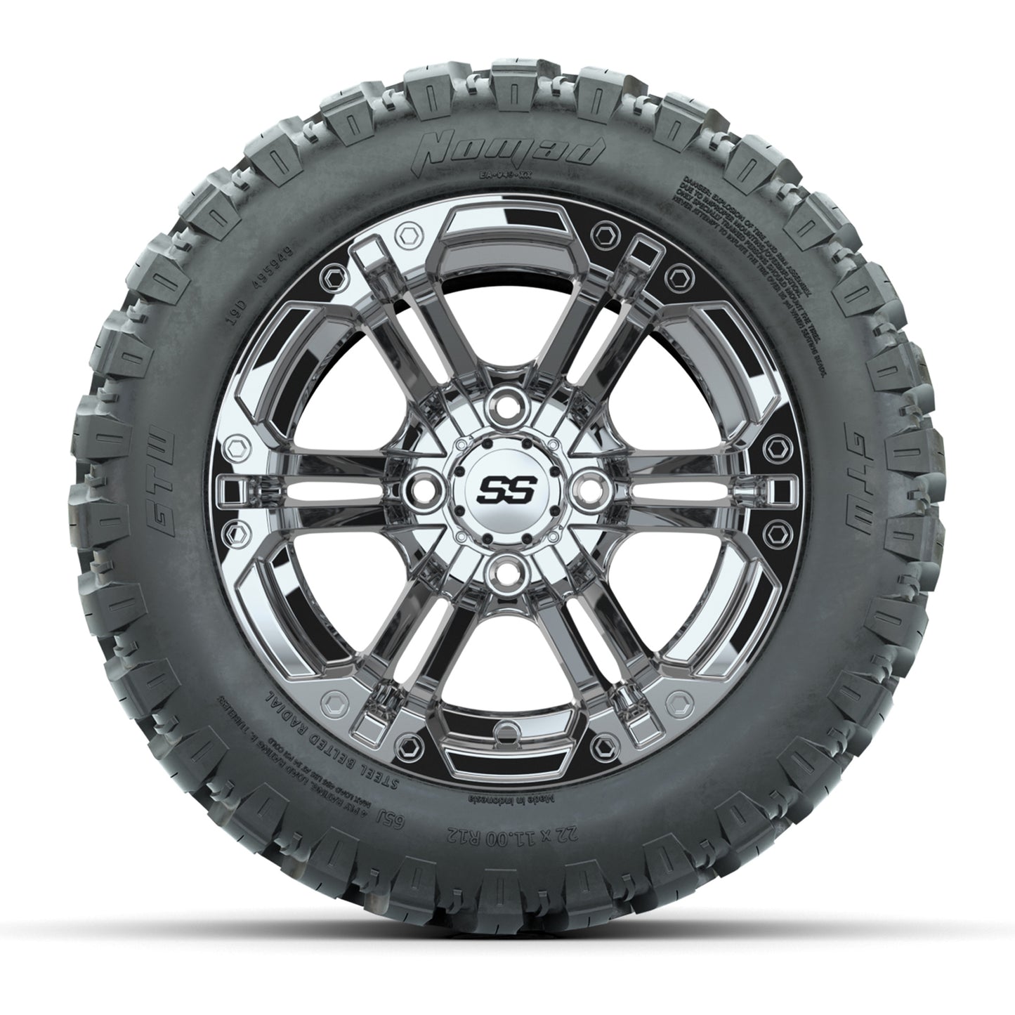GTW® Specter Chrome 12 in Wheels with 22X11-R12 Nomad Steel Belt Radial All-Terrain Tires – Full Set