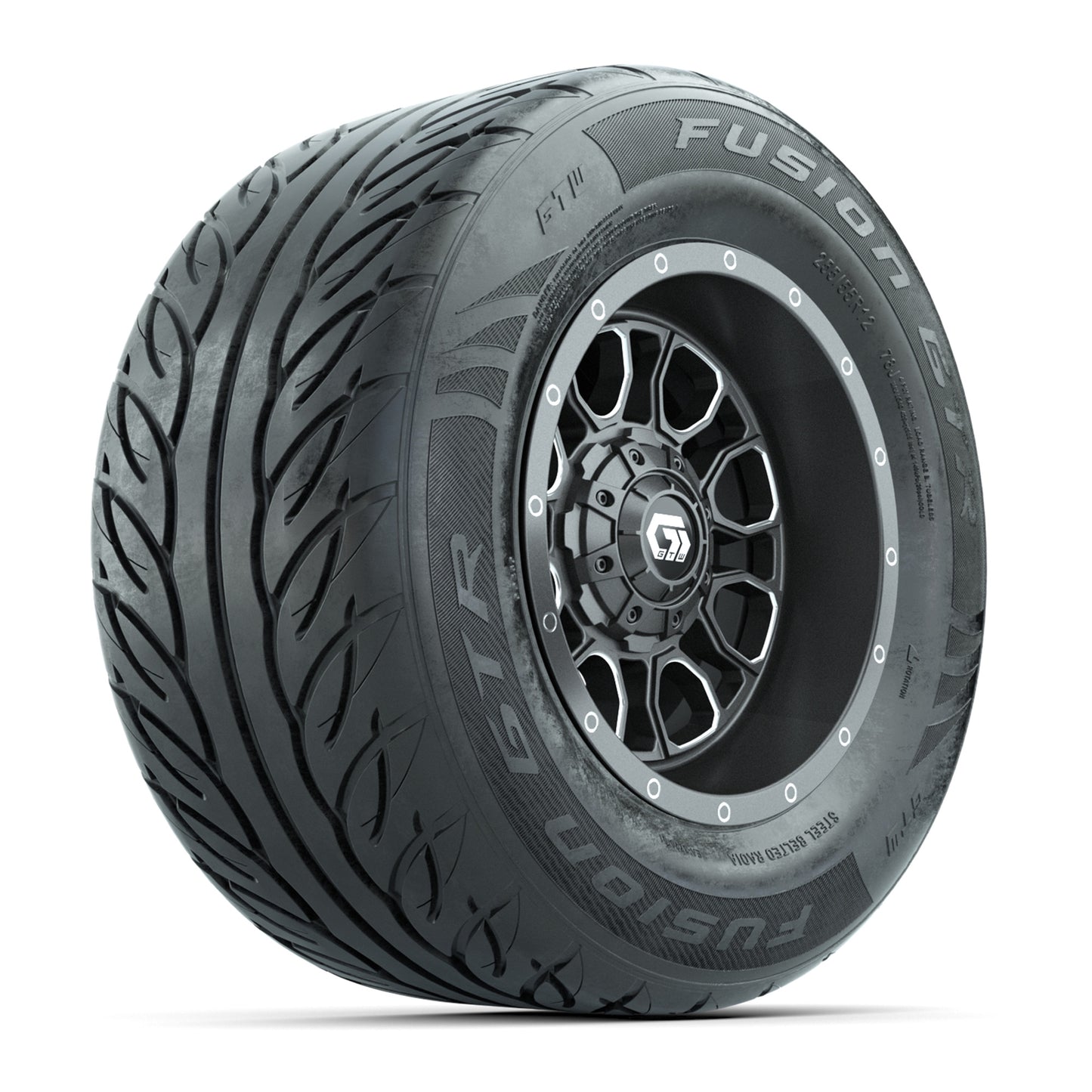 GTW® Volt Gunmetal 12 in Wheels with 255/55-R12 Fusion GTR Steel Belt Radial Street Tires – Full Set