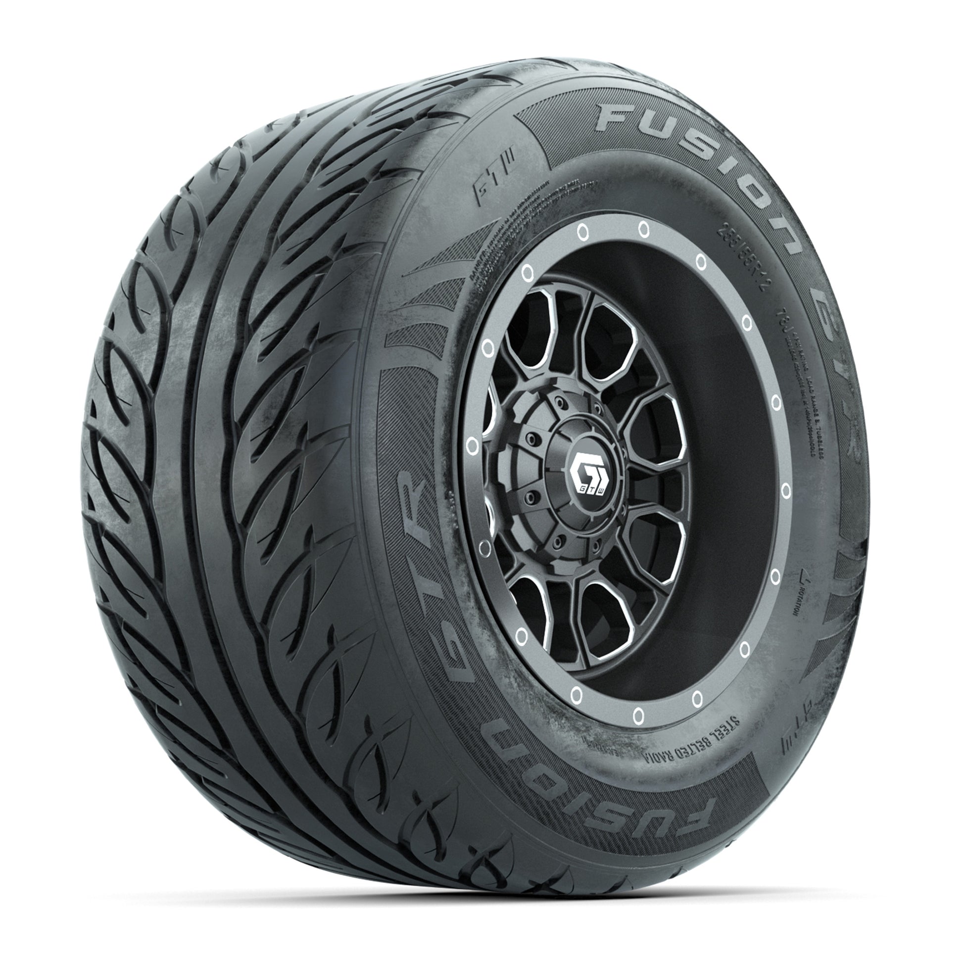 GTW® Volt Gunmetal 12 in Wheels with 255/55-R12 Fusion GTR Steel Belt Radial Street Tires – Full Set