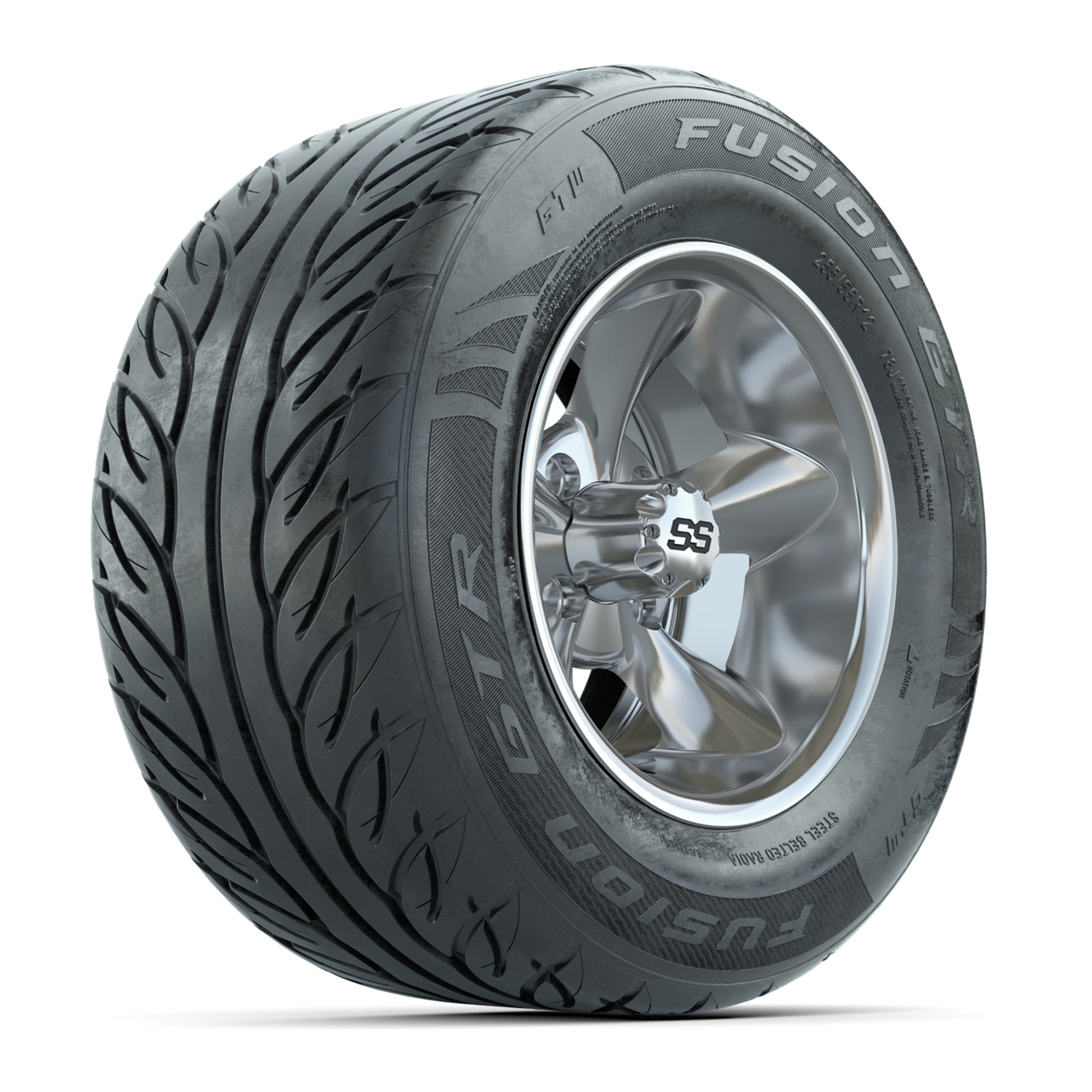 GTW® Godfather Chrome 12 in Wheels with 255/55-R12 Fusion GTR Steel Belt Radial Street Tires – Full Set
