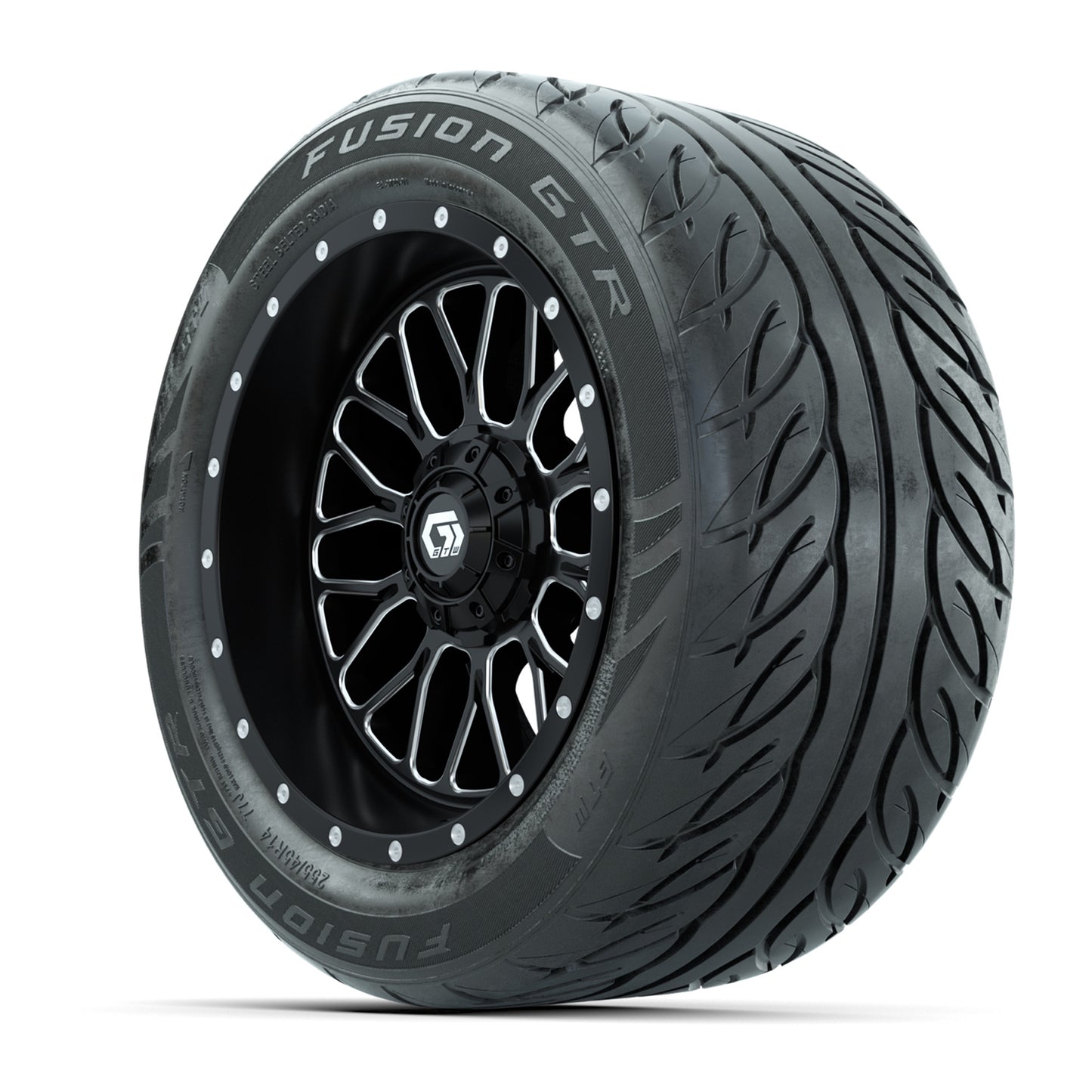 GTW® Helix Black/Machined 14 in Wheels with 255/45-R14 Fusion GTR Steel Belt Radial Street Tires – Full Set