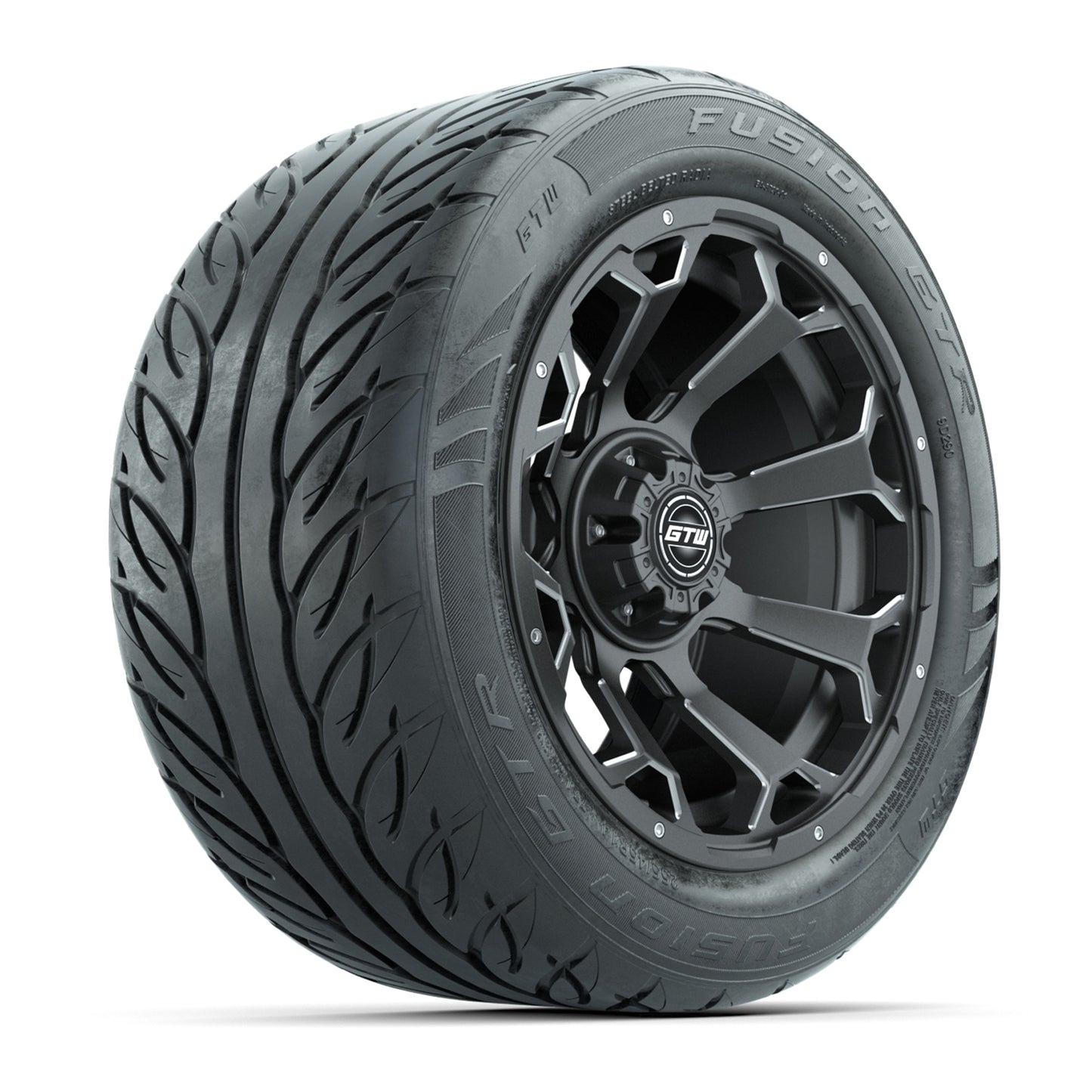 GTW® Raven Matte Gray/Ball Milled 14 in Wheels with 255/45-R14 Fusion GTR Steel Belt Radial Street Tires – Full Set